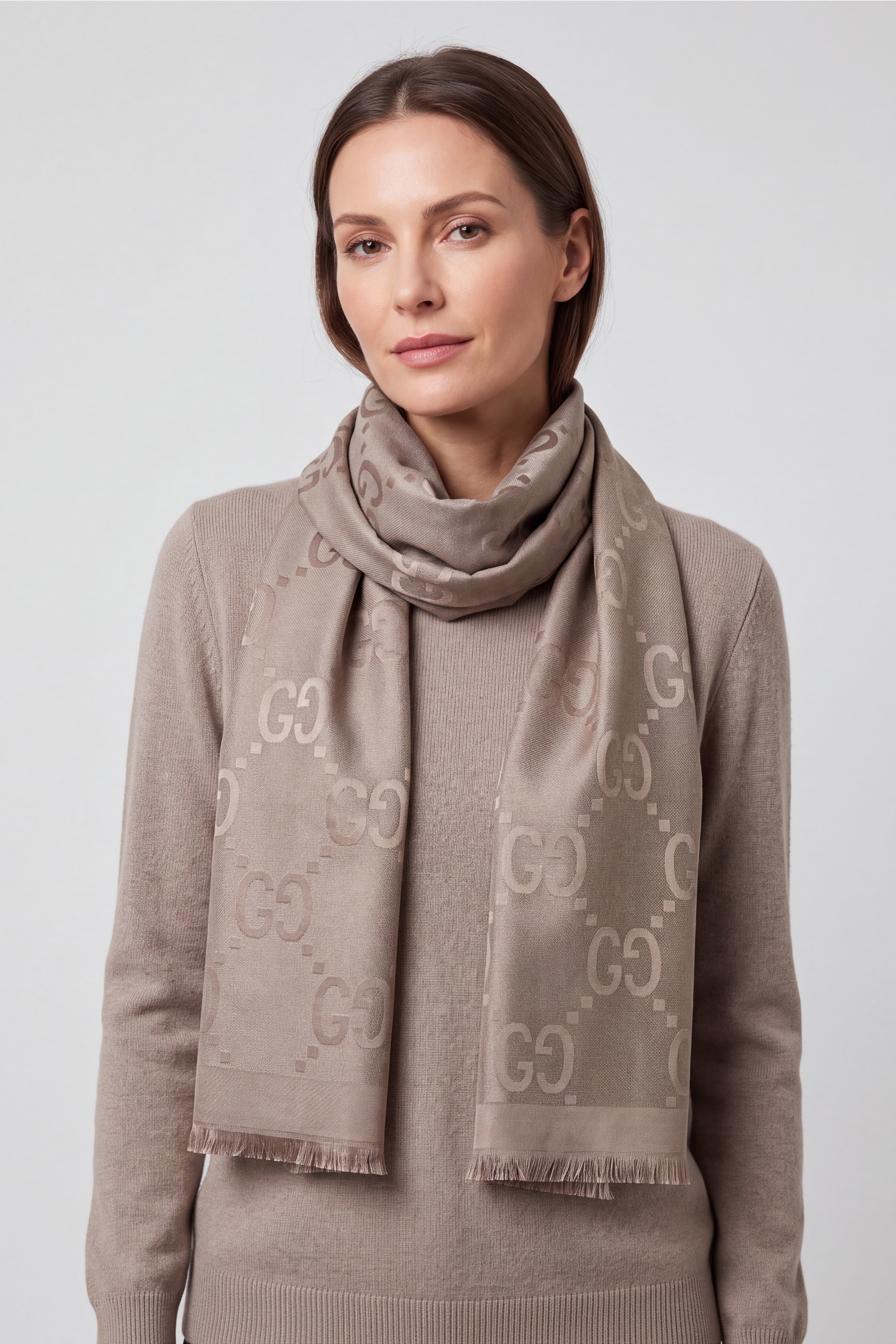 Women’s Reversible Monogram Pattern Scarf with Fringed Trim