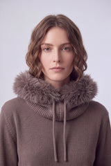 Women’s Faux Fur Trim Knitted Hood Scarf with Tie Fastening