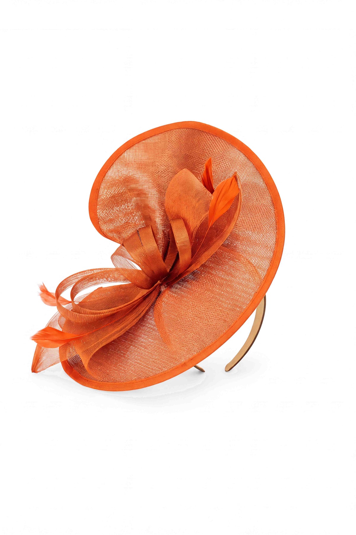Women’s Oversized Mesh Disc Fascinator Hat with Feather Trim & Loop Bow Headband