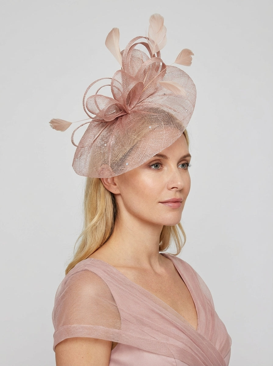 Curled Sinamay Bow Fascinator with Feather Trim Diamonds