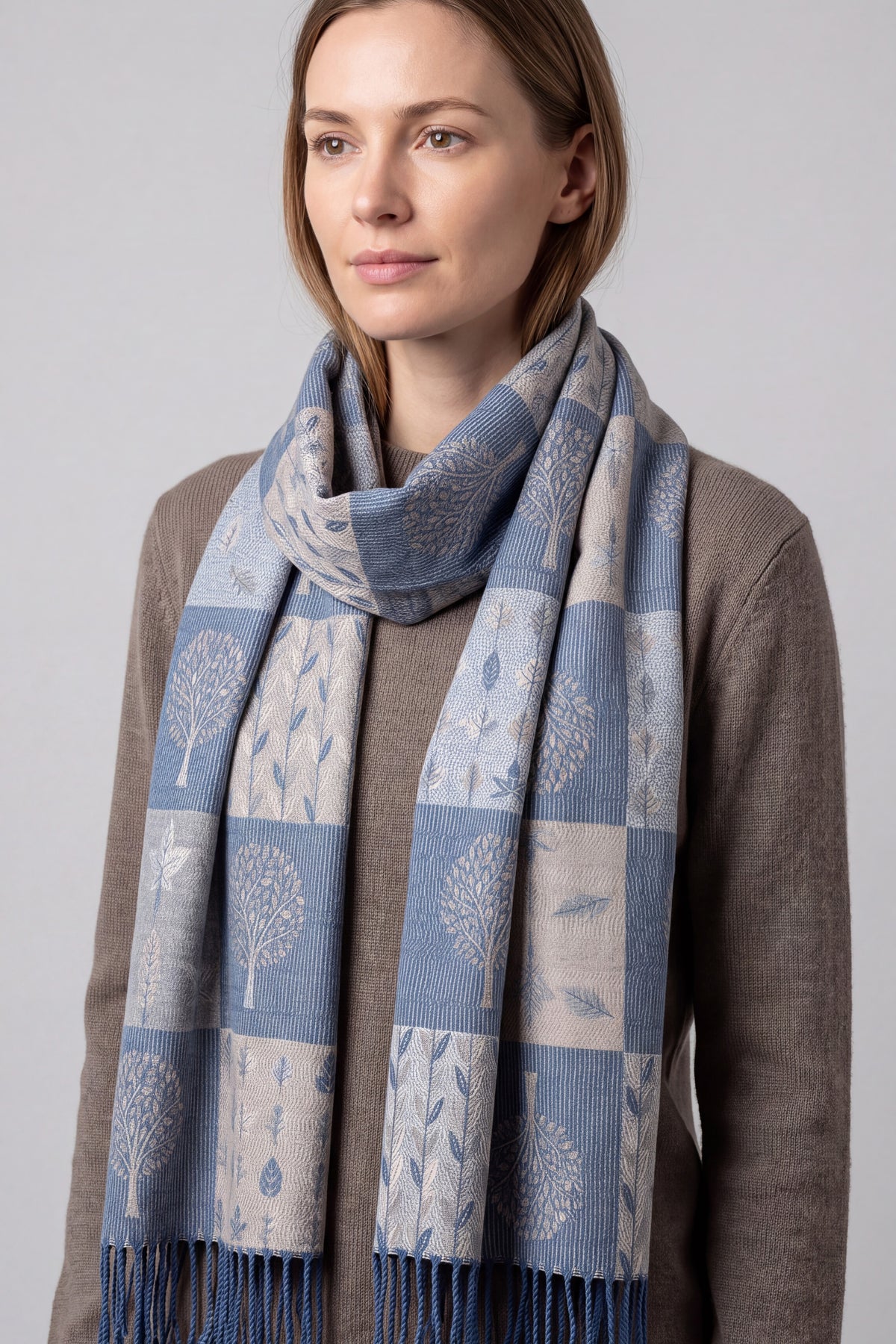 Women's Enchanted Forest Mosaic Scarf with Tassel Fringe