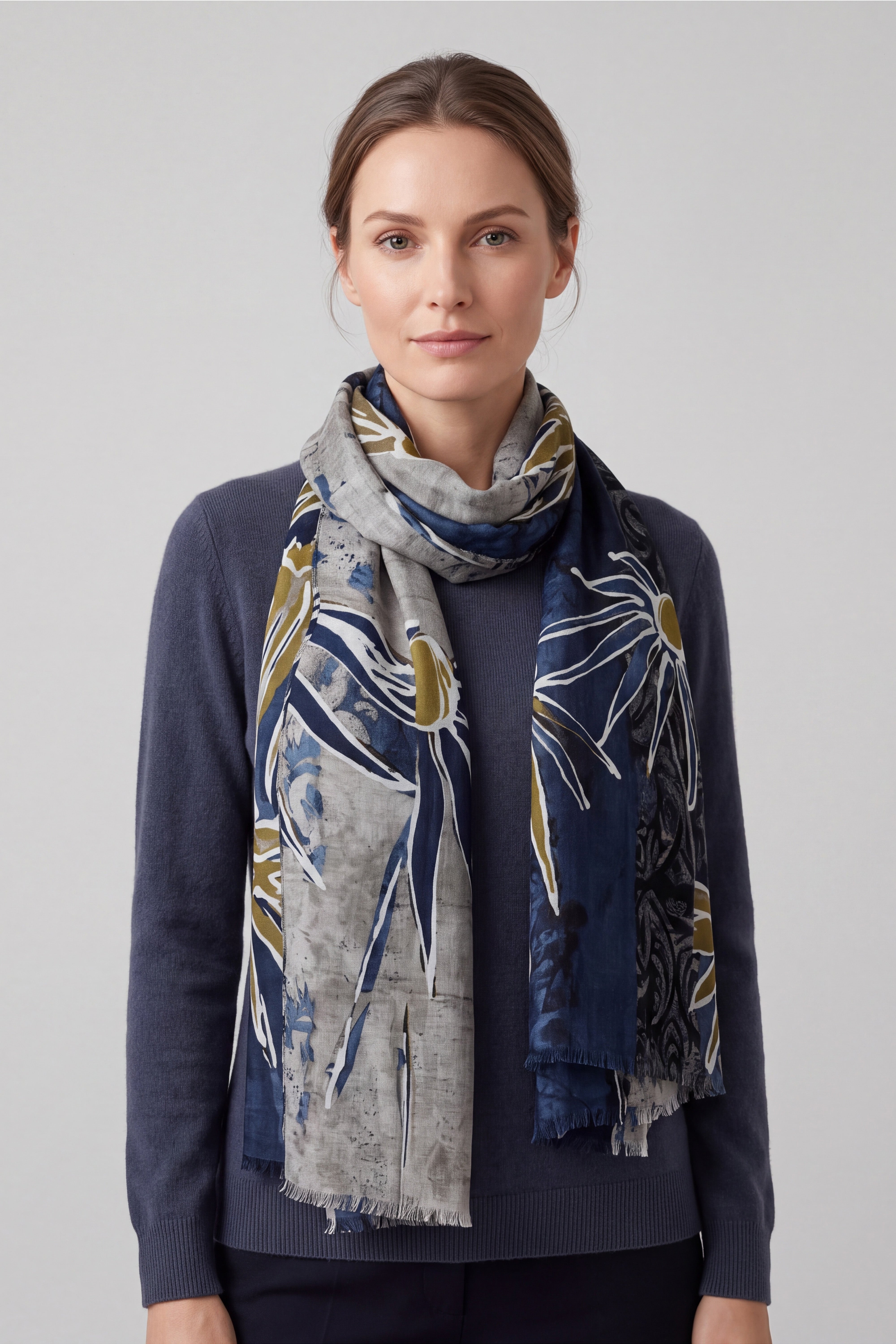 Women’s Floral Print Lightweight Scarf with Frayed Edges