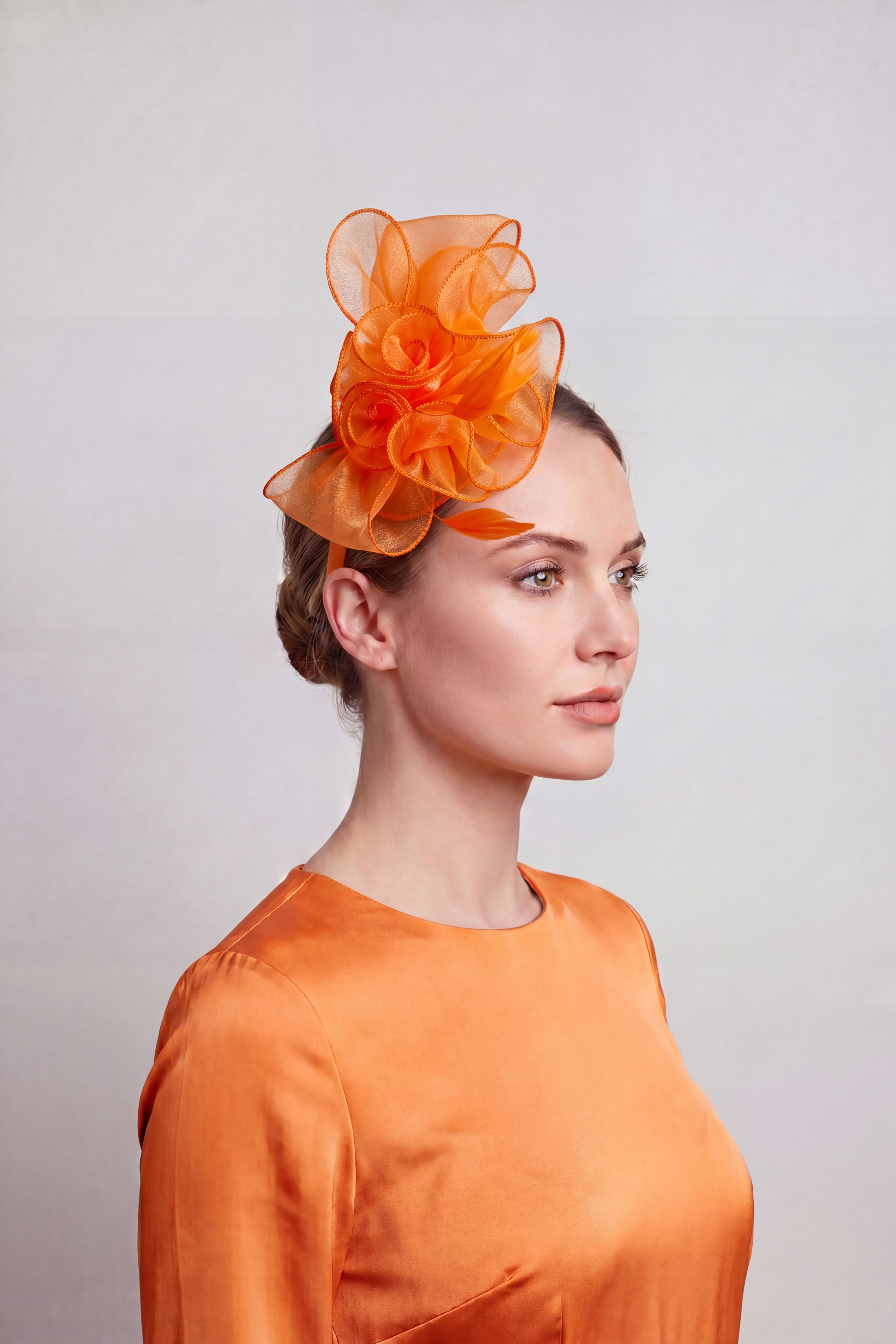 Elegant Organza Floral Fascinator with Feather Detail