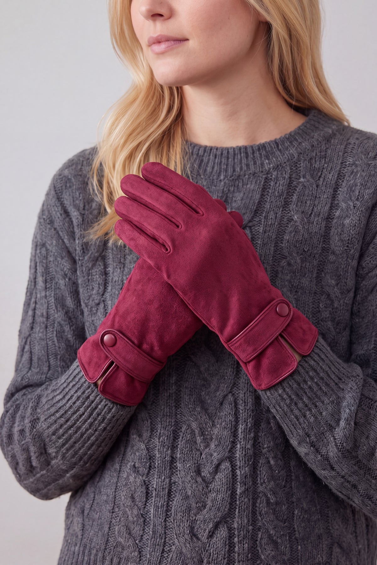 Plain Touch Screen Winter Gloves with Single Button Detail on Cuff