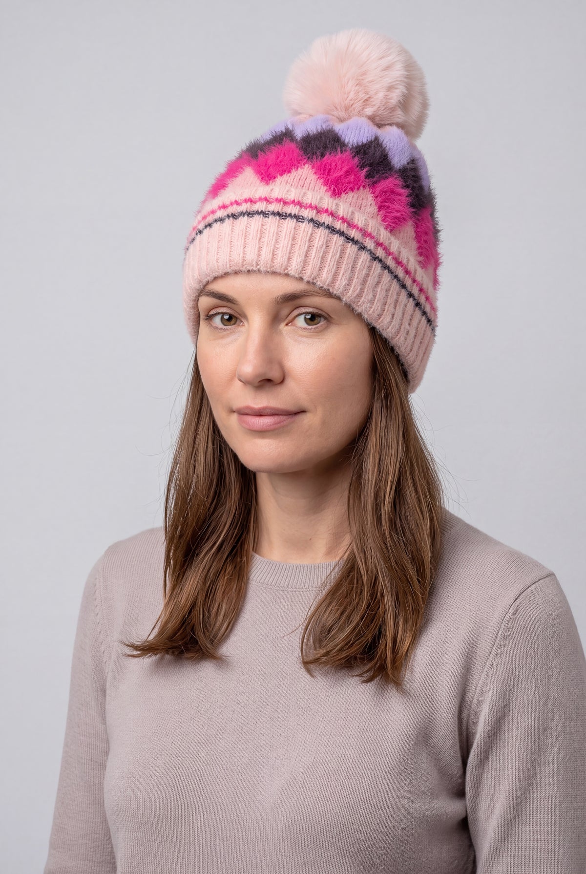 Colourful Diamond-Shaped Pom Pom Hat