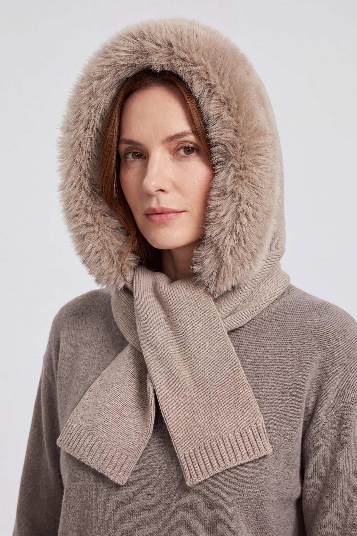 Women's Acrylic Blend Knitted Hooded Scarf with Faux Fur Trim