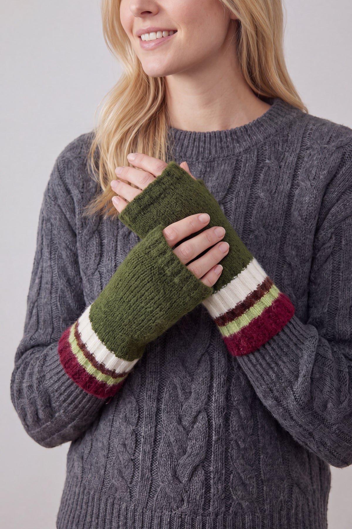Women’s Soft Knit Fingerless Gloves with Striped Cuffs