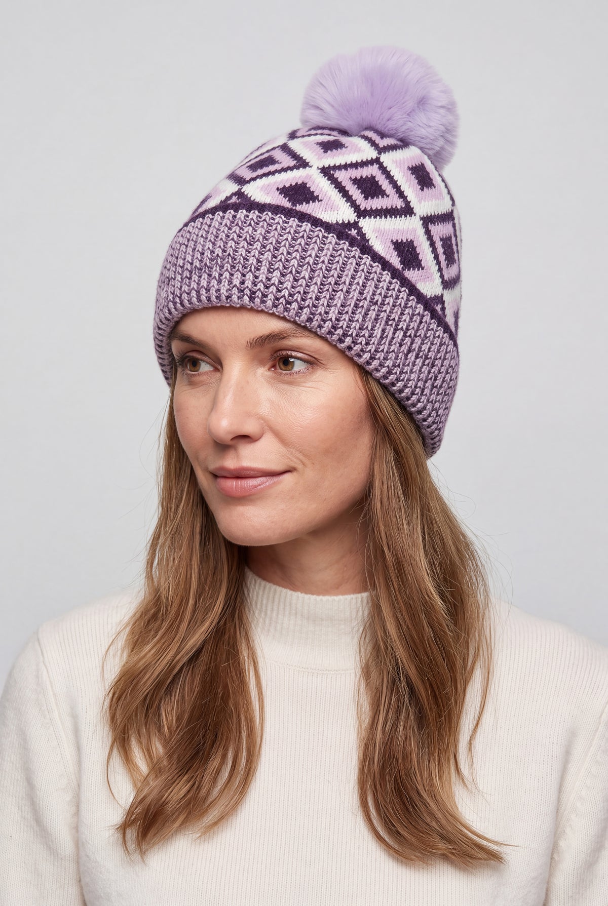 Classic Knitted Diamond Pattern Pom-Pom Hat