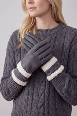 Women's Touchscreen Suede-Look Gloves with Double Faux Fur Trim