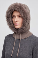 Women’s Faux Fur Trim Knitted Hood Scarf with Tie Fastening