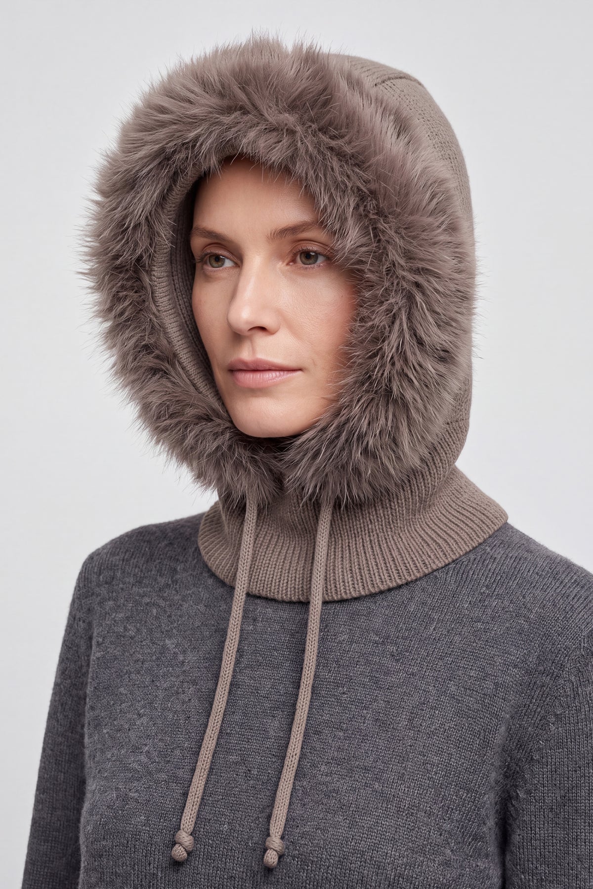 Women’s Faux Fur Trim Knitted Hood Scarf with Tie Fastening