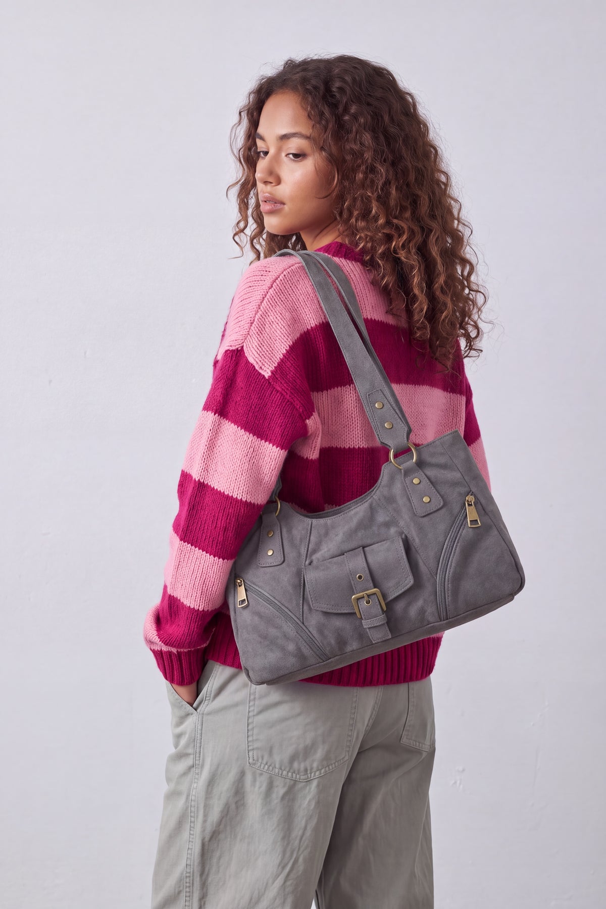 Women’s Suede-Look Shoulder Bag with Buckle Pocket Detail