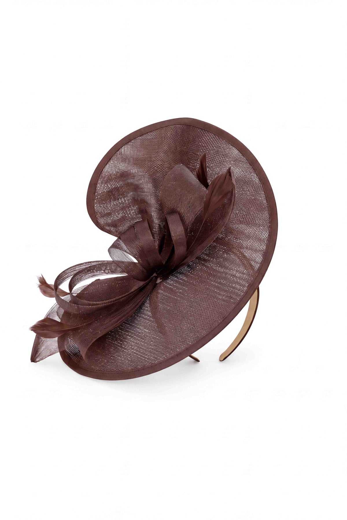 Women’s Oversized Mesh Disc Fascinator Hat with Feather Trim & Loop Bow Headband