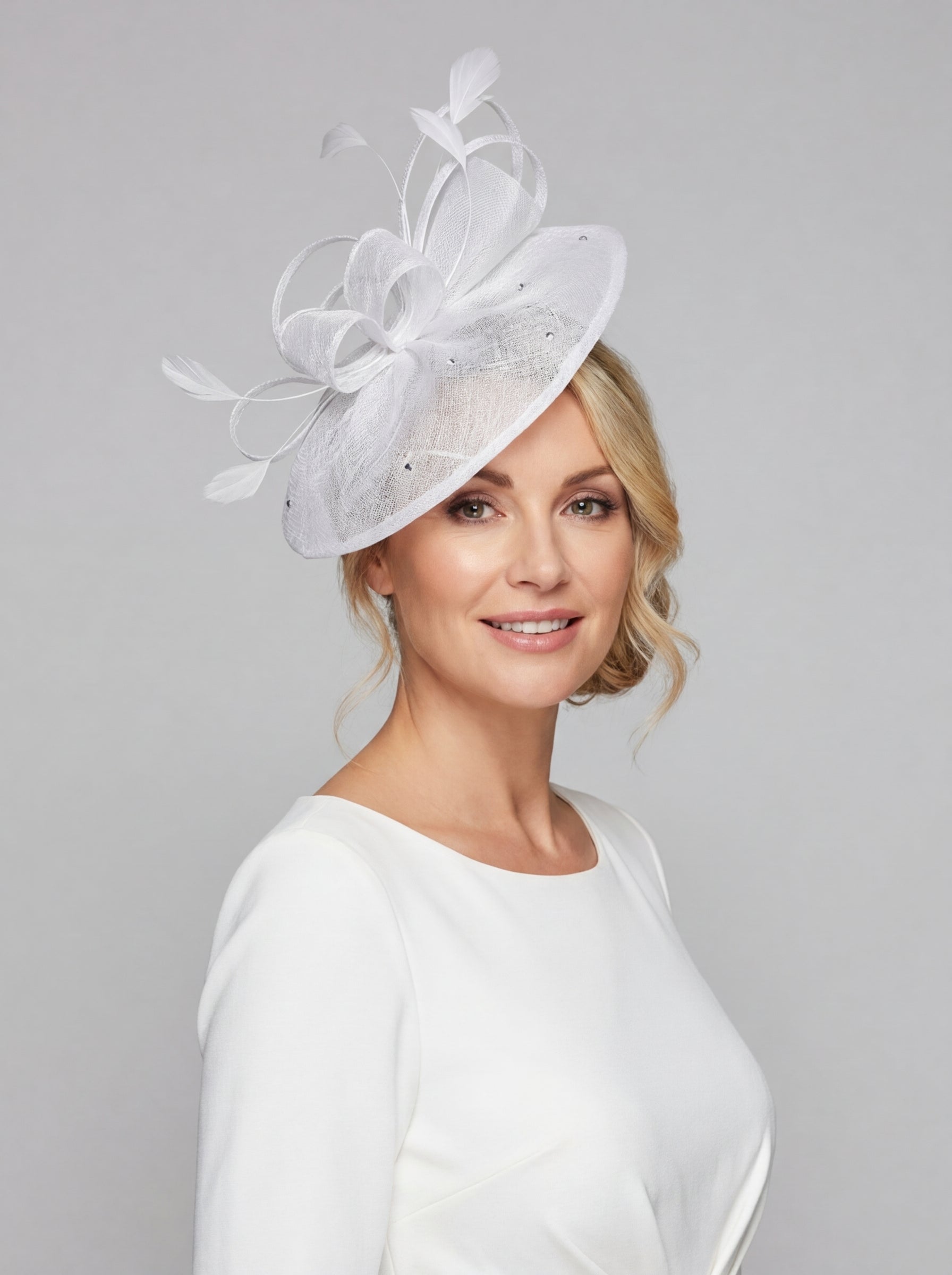 Curled Sinamay Bow Fascinator with Feather Trim Diamonds
