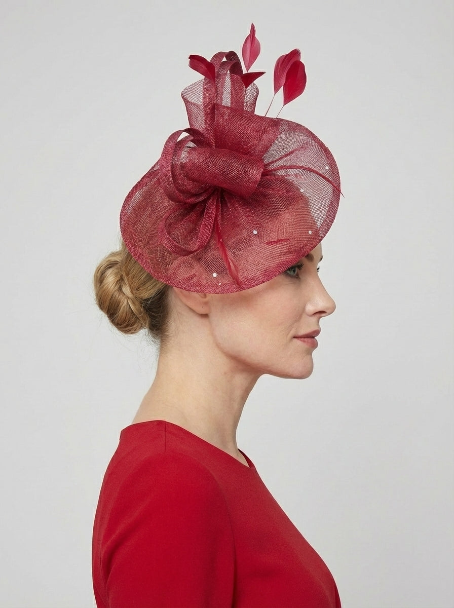Curled Sinamay Bow Fascinator with Feather Trim Diamonds