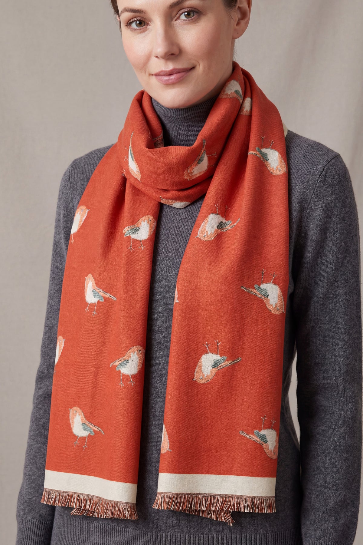 Robin Bird Print Scarf with Contrast Border and Fringed Trim