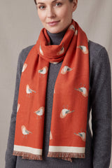 Robin Bird Print Scarf with Contrast Border and Fringed Trim