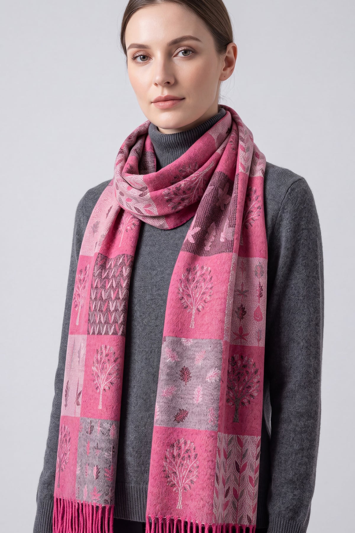 Women's Enchanted Forest Mosaic Scarf with Tassel Fringe