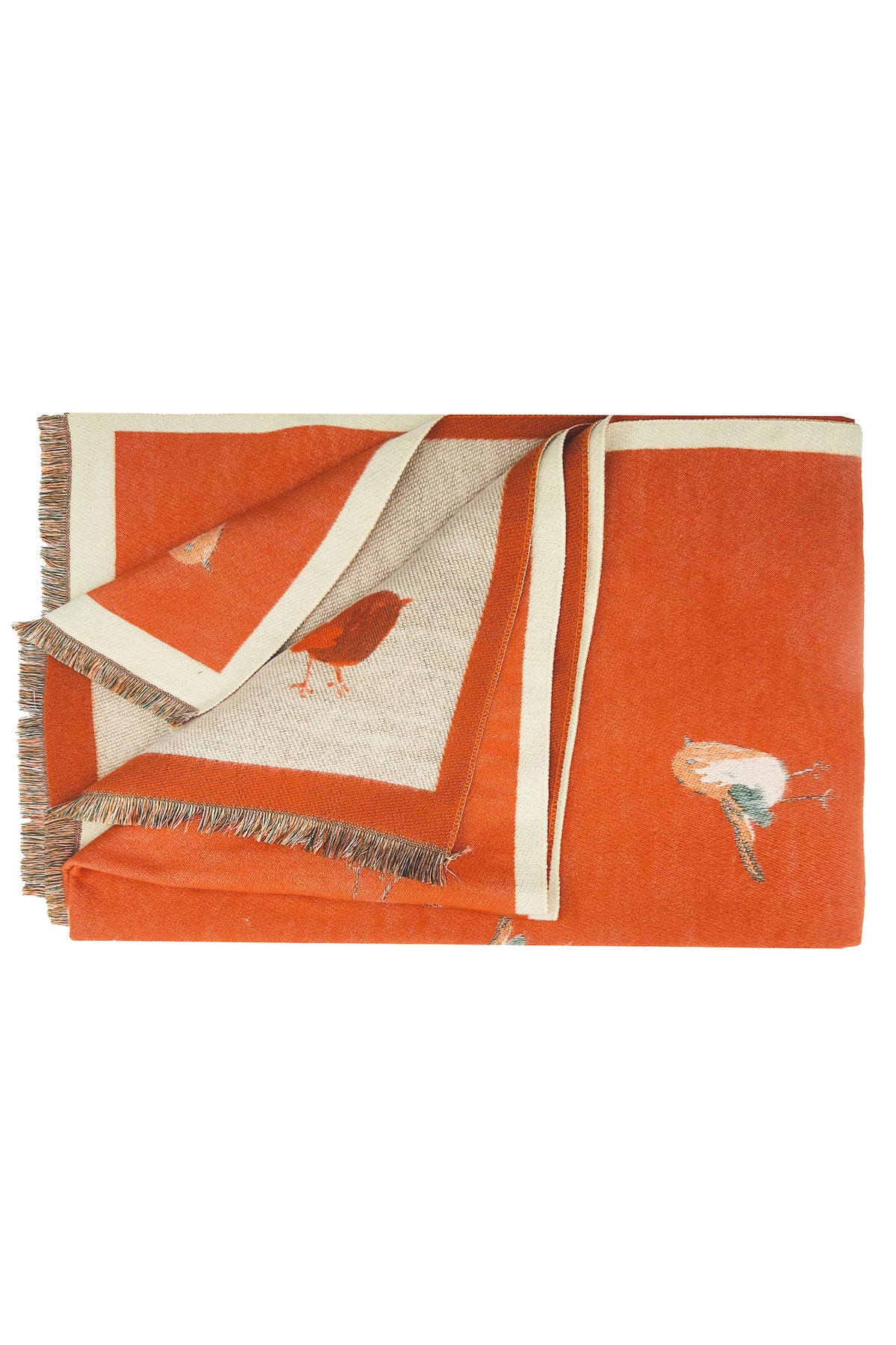Robin Bird Print Scarf with Contrast Border and Fringed Trim