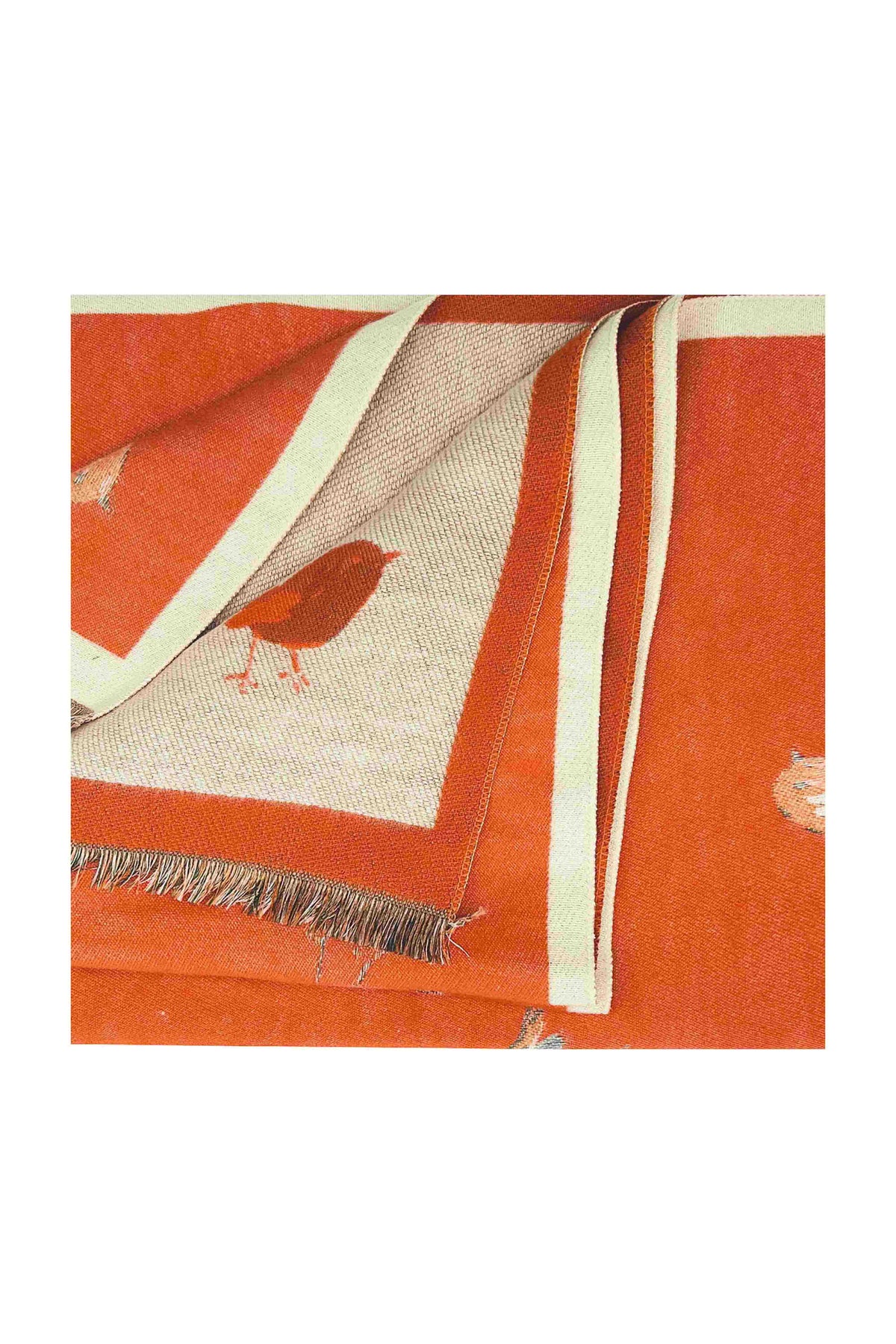 Robin Bird Print Scarf with Contrast Border and Fringed Trim