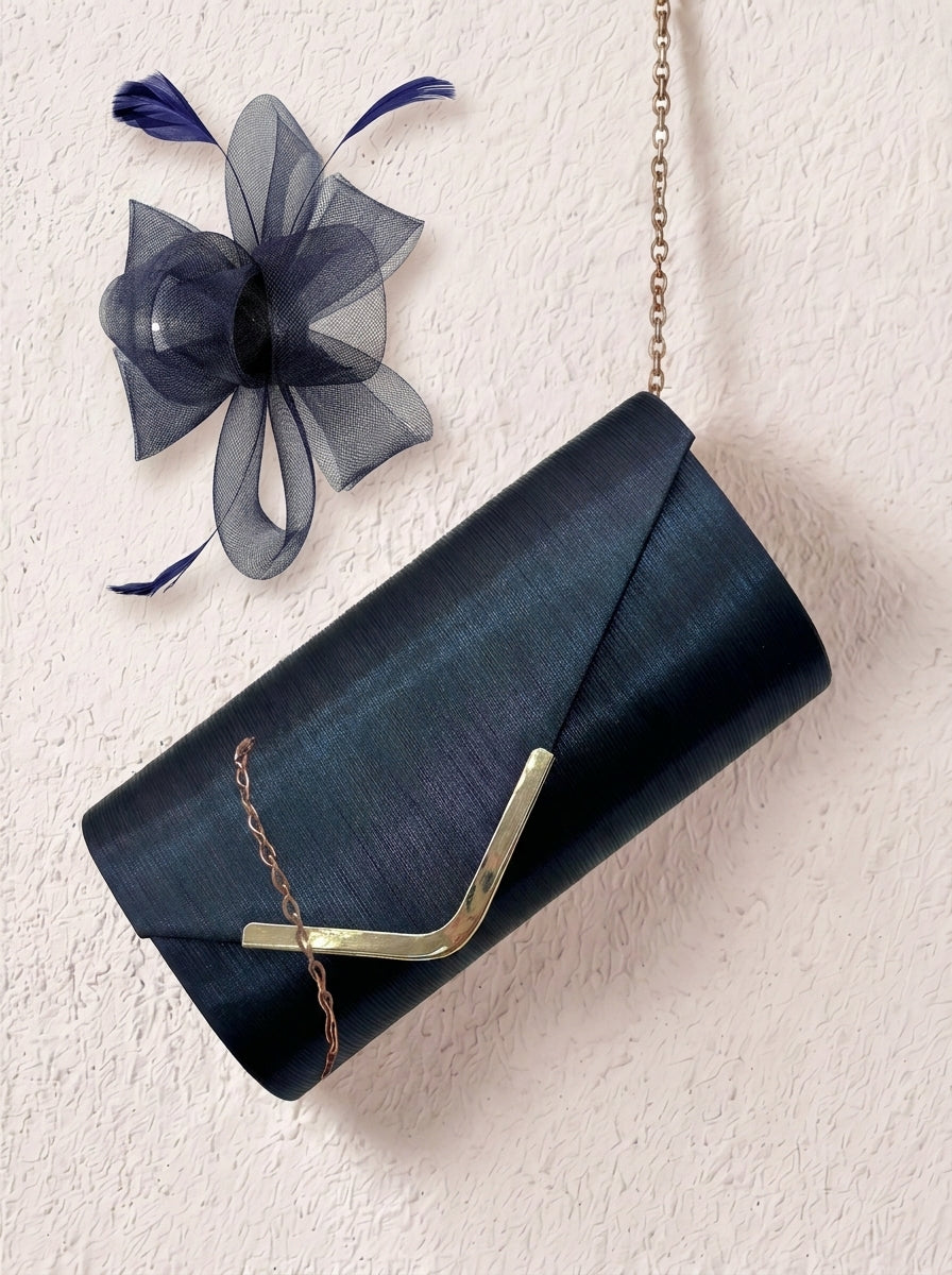 Textured Clutch Bag and Mesh Fascinator Occasion Navy Set