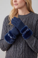 Women's Knitted Fingerless Gloves with Faux Fur Cuffs and Buttons