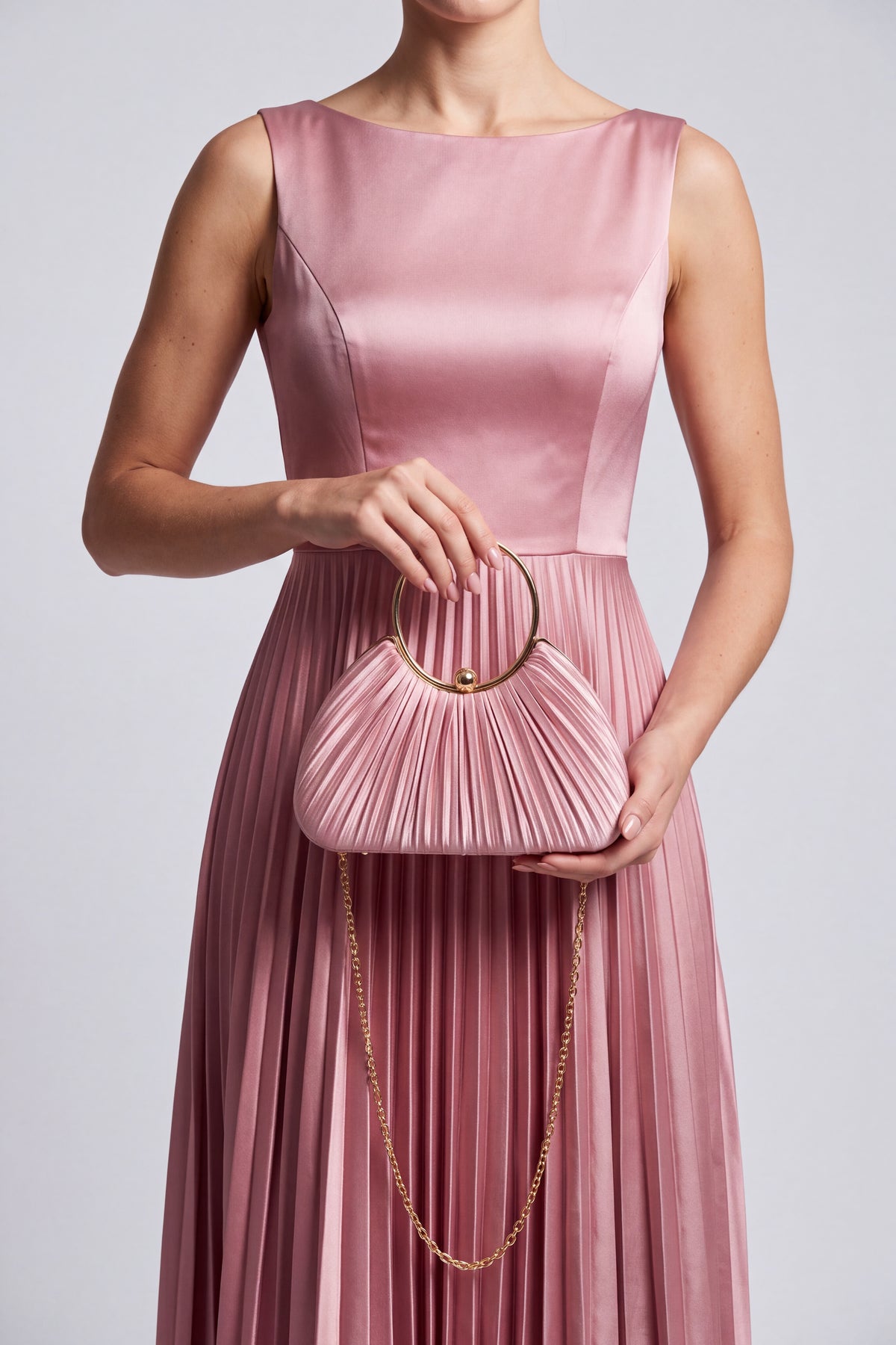 Pleated Satin Evening Bag with Gold Ring Handle
