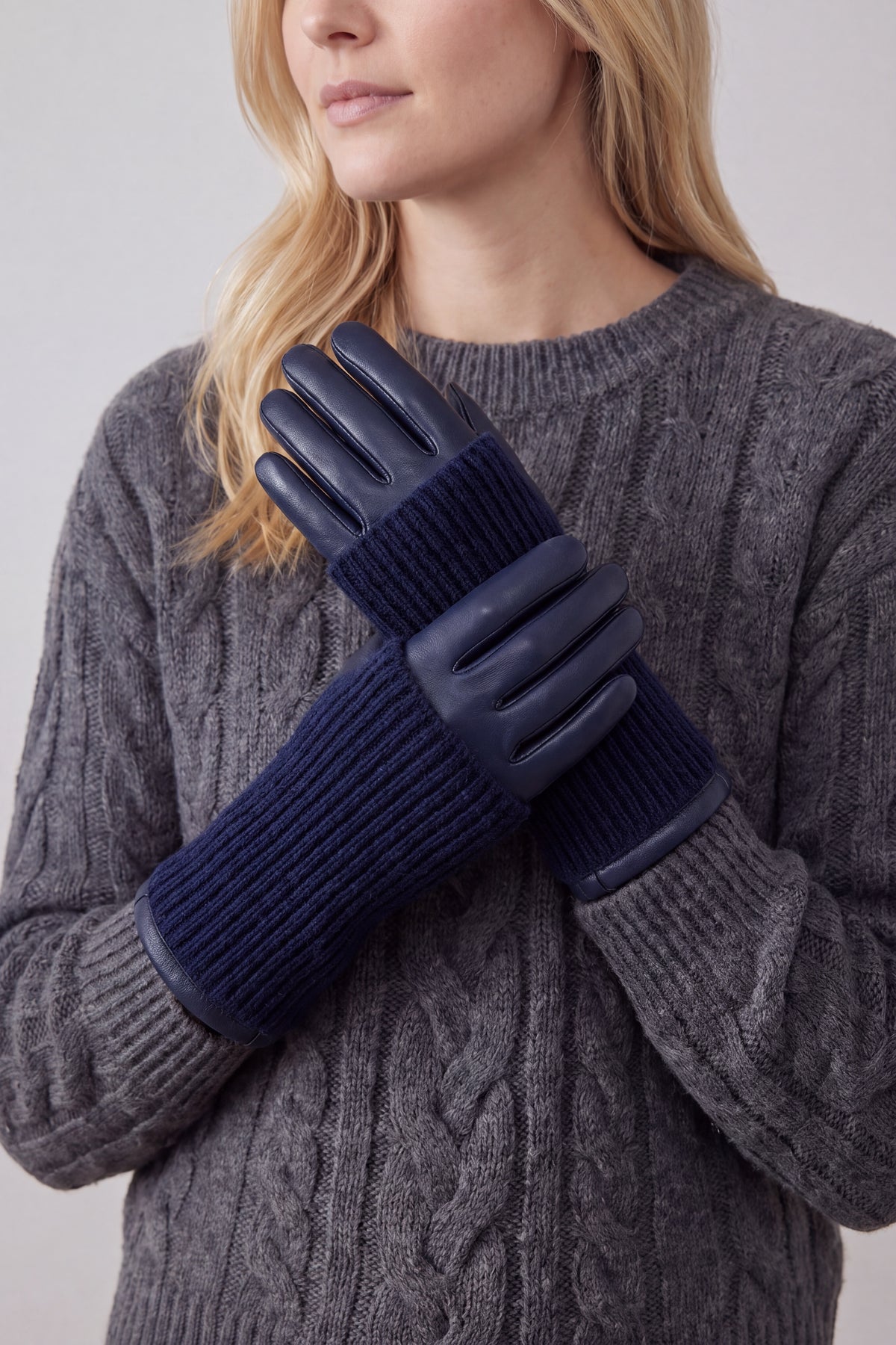2-Piece Faux Leather Gloves & Removable Knitted Fingerless Gloves Set