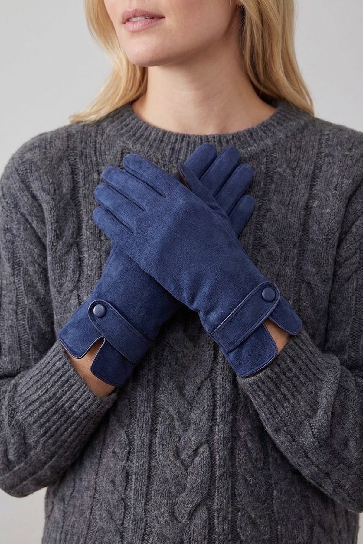 Plain Touch Screen Winter Gloves with Single Button Detail on Cuff