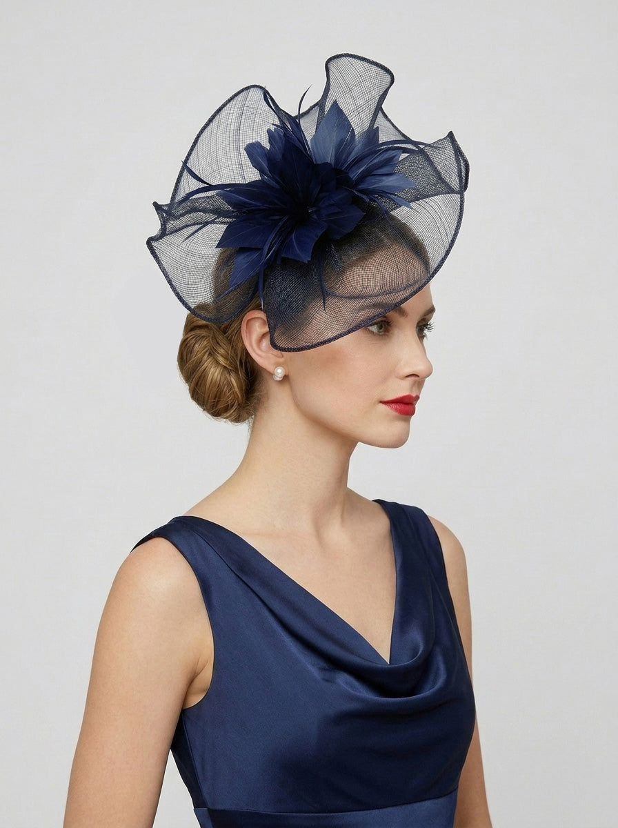 Sinamay Fascinator with Feather Flower Detail Navy