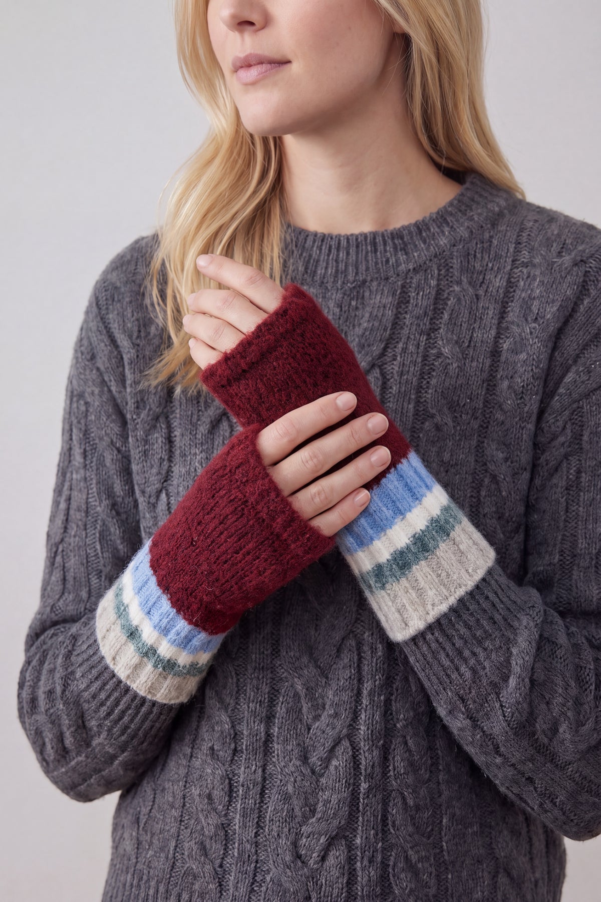 Women’s Soft Knit Fingerless Gloves with Striped Cuffs