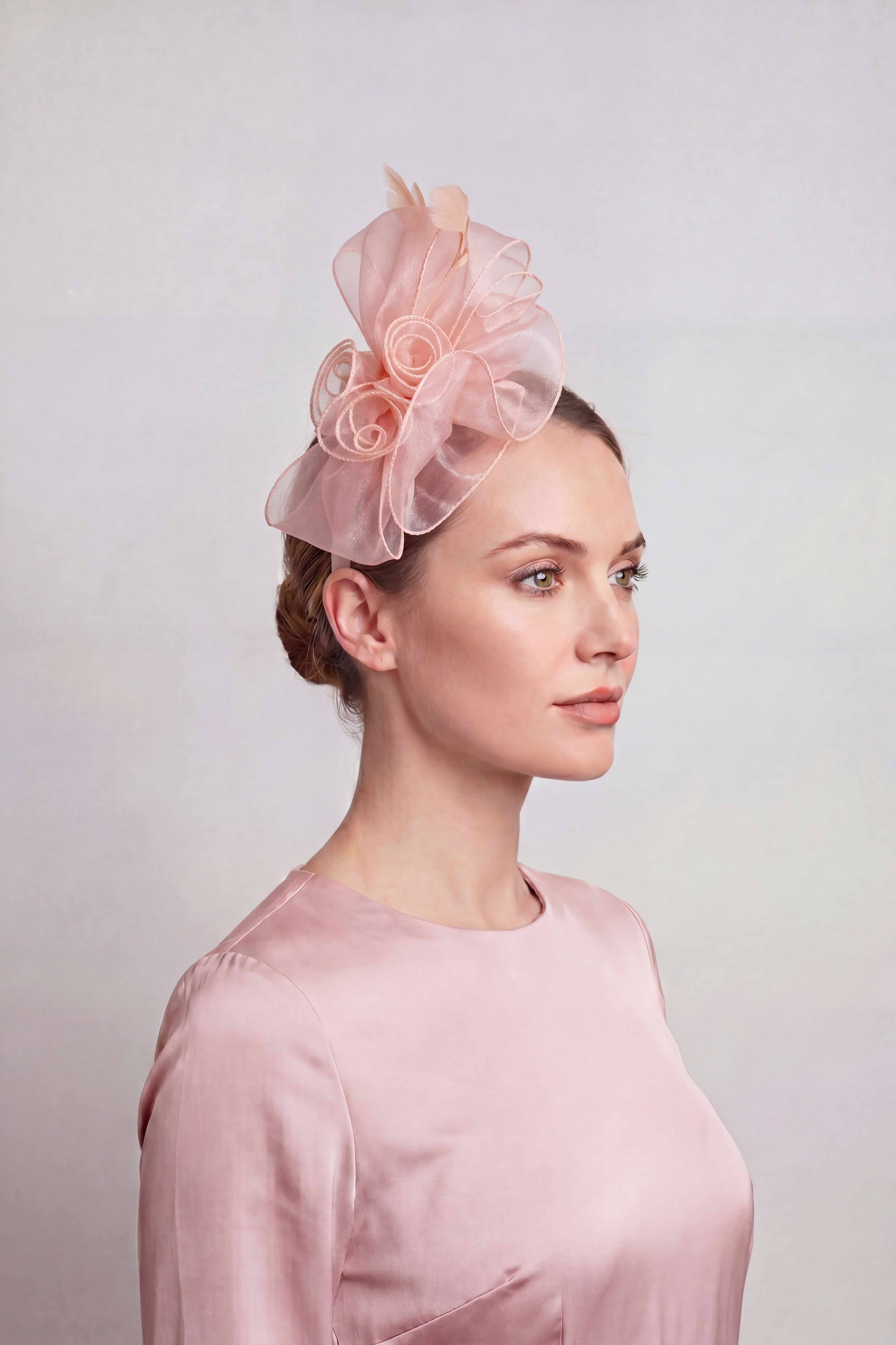 Elegant Organza Floral Fascinator with Feather Detail