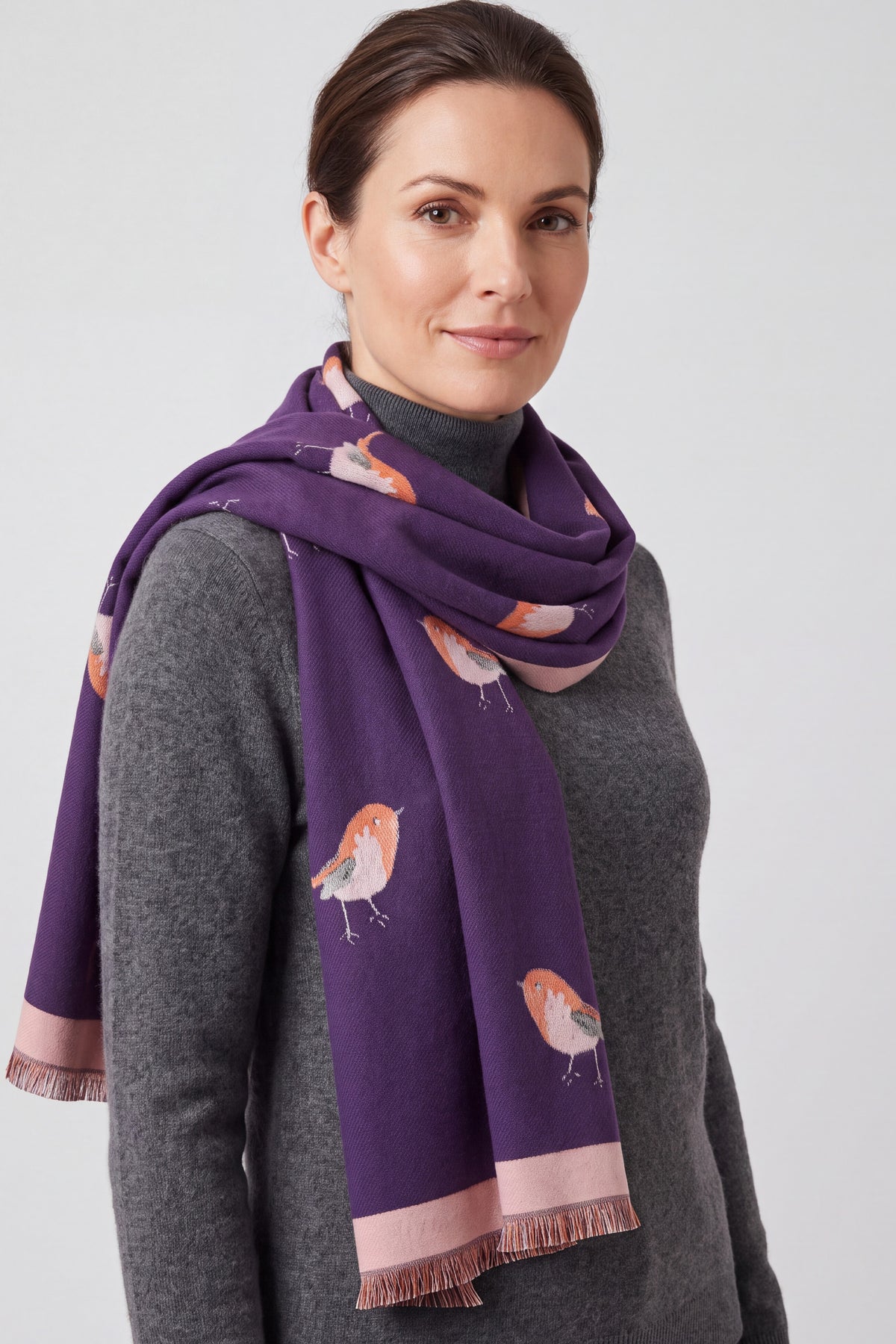 Robin Bird Print Scarf with Contrast Border and Fringed Trim