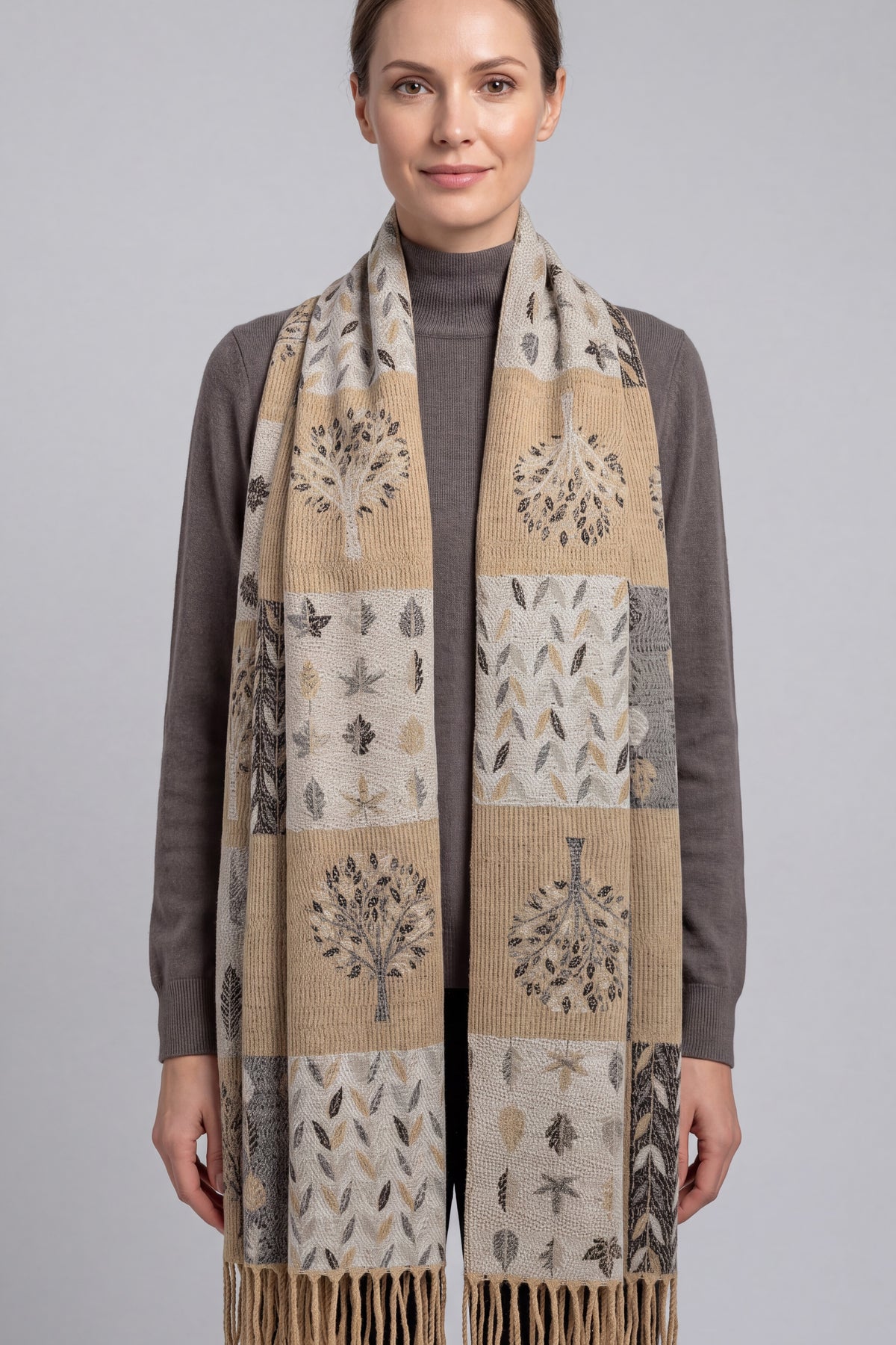 Women's Enchanted Forest Mosaic Scarf with Tassel Fringe