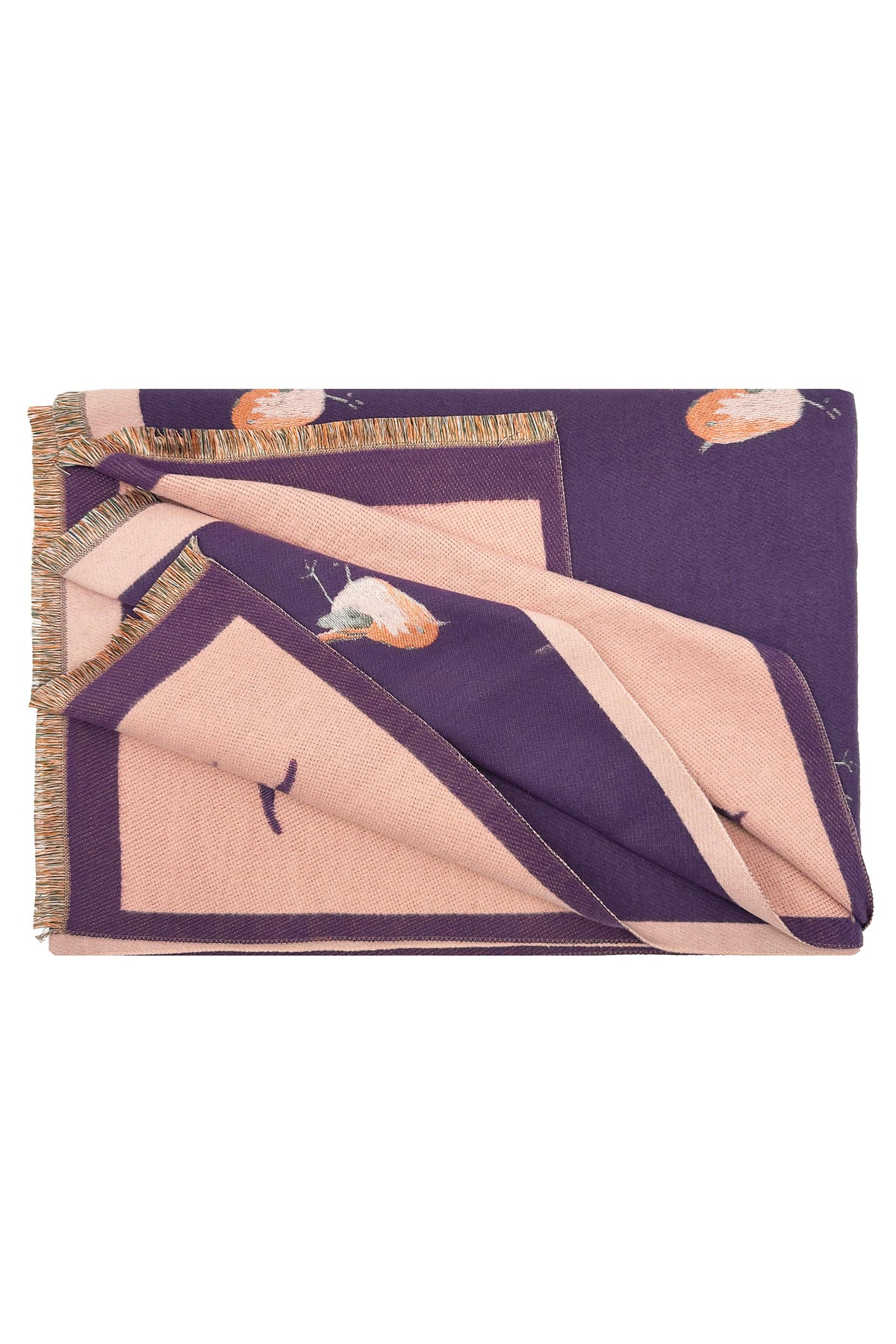 Robin Bird Print Scarf with Contrast Border and Fringed Trim