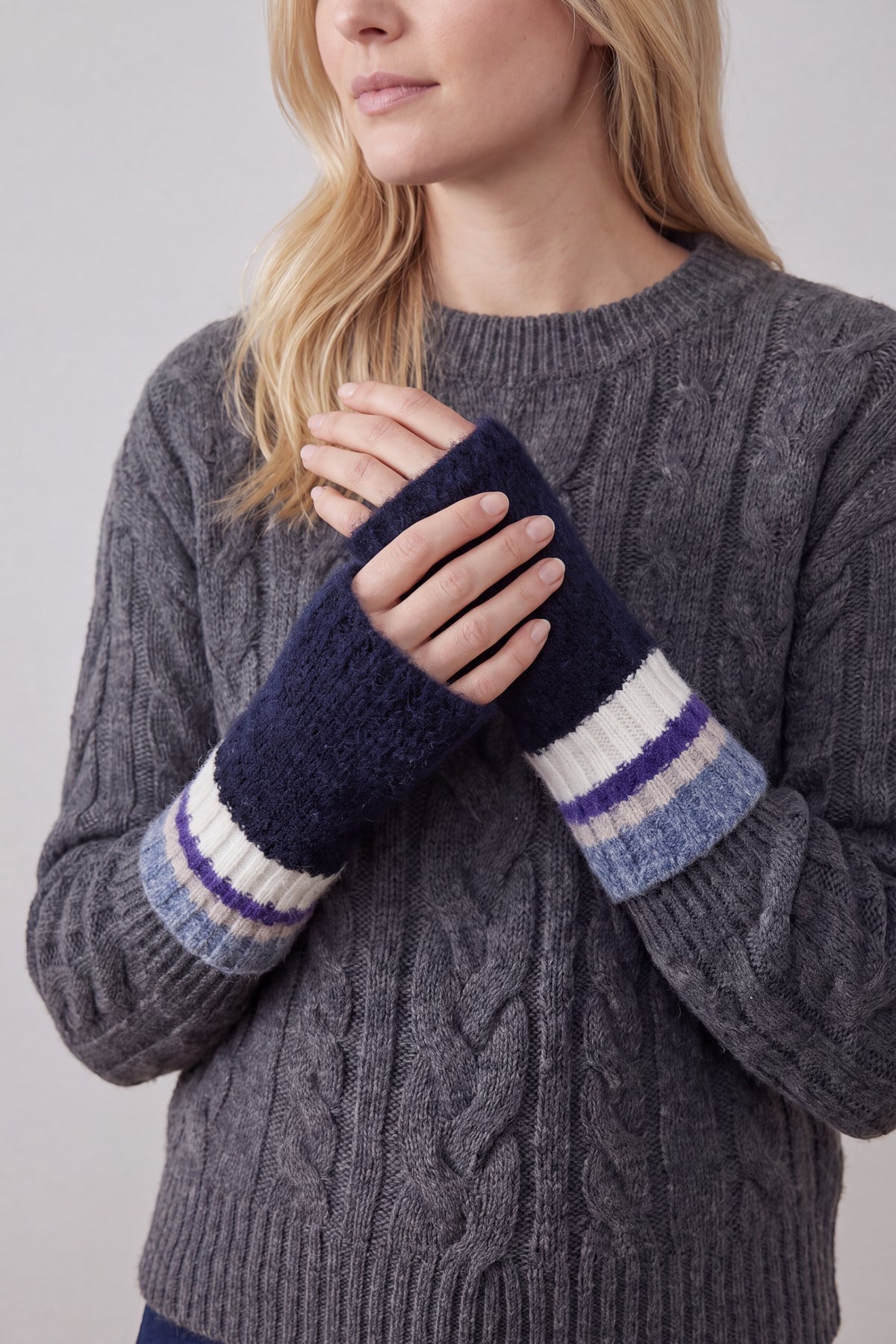 Women’s Soft Knit Fingerless Gloves with Striped Cuffs