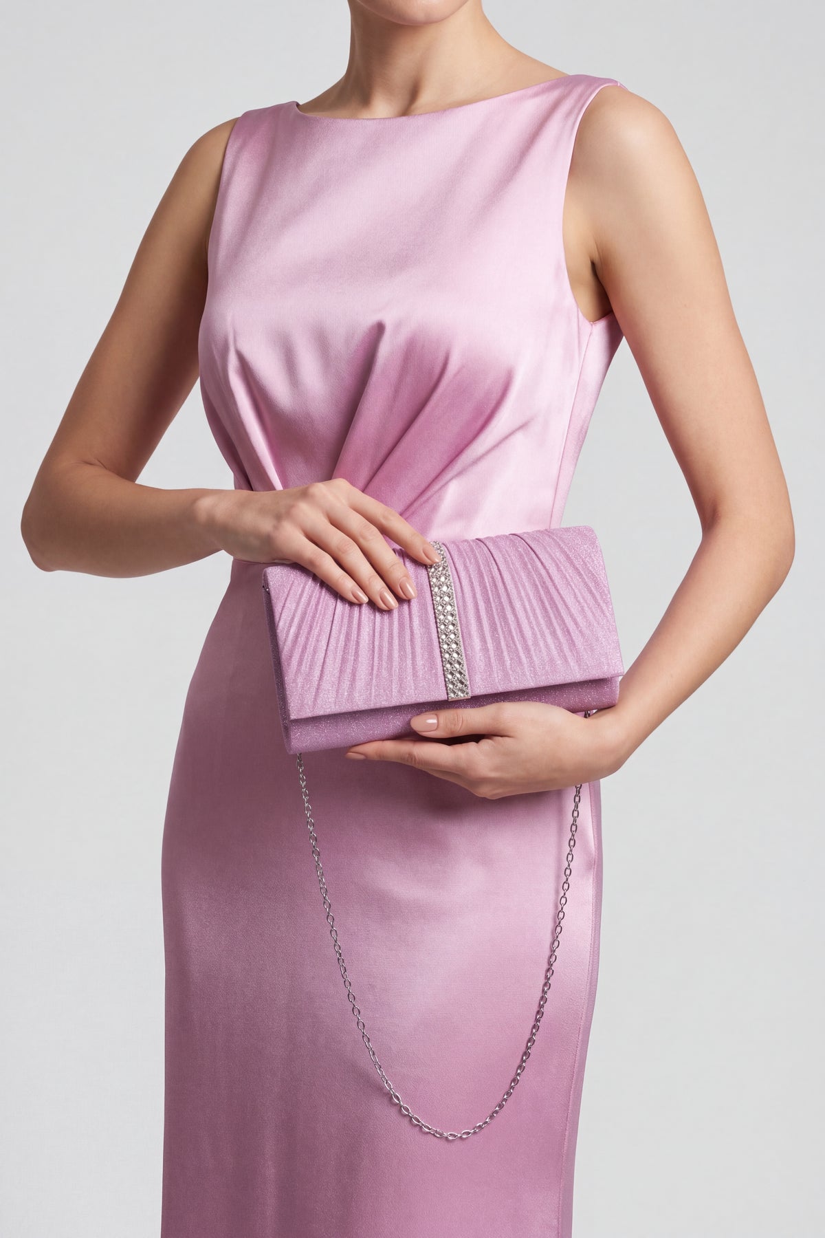Glitter Pleated Clutch Bag with Crystal Trim and Chain Strap
