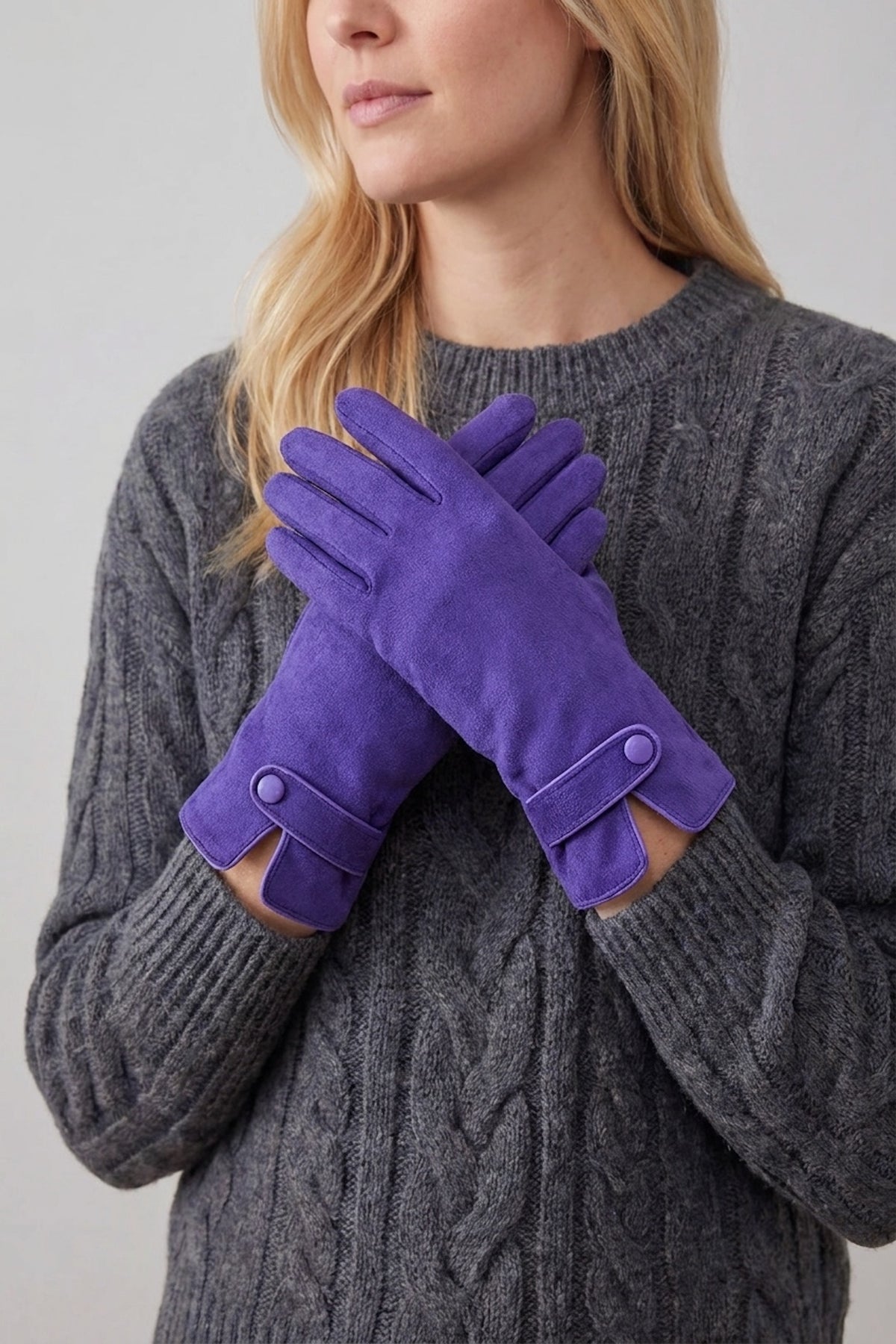 Plain Touch Screen Winter Gloves with Single Button Detail on Cuff