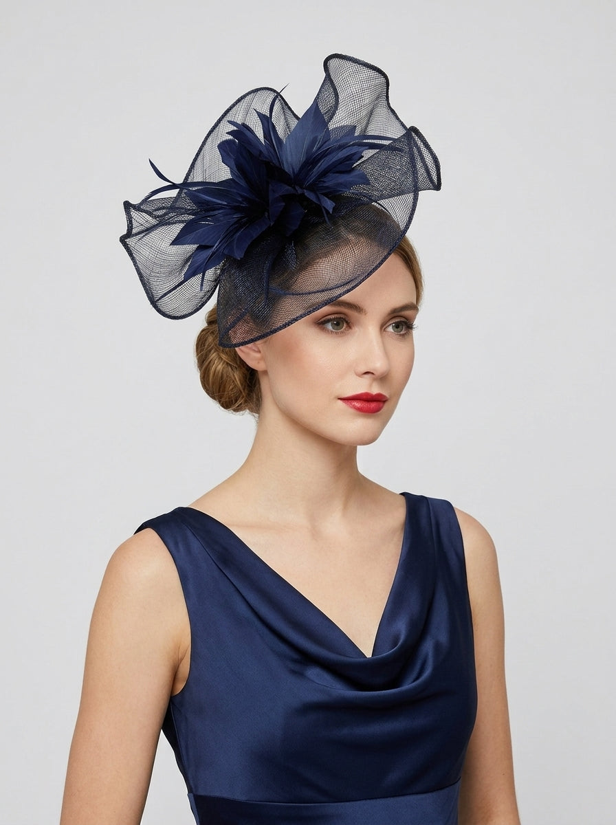 Sinamay Fascinator with Feather Flower Detail Navy
