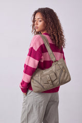 Women’s Suede-Look Shoulder Bag with Buckle Pocket Detail
