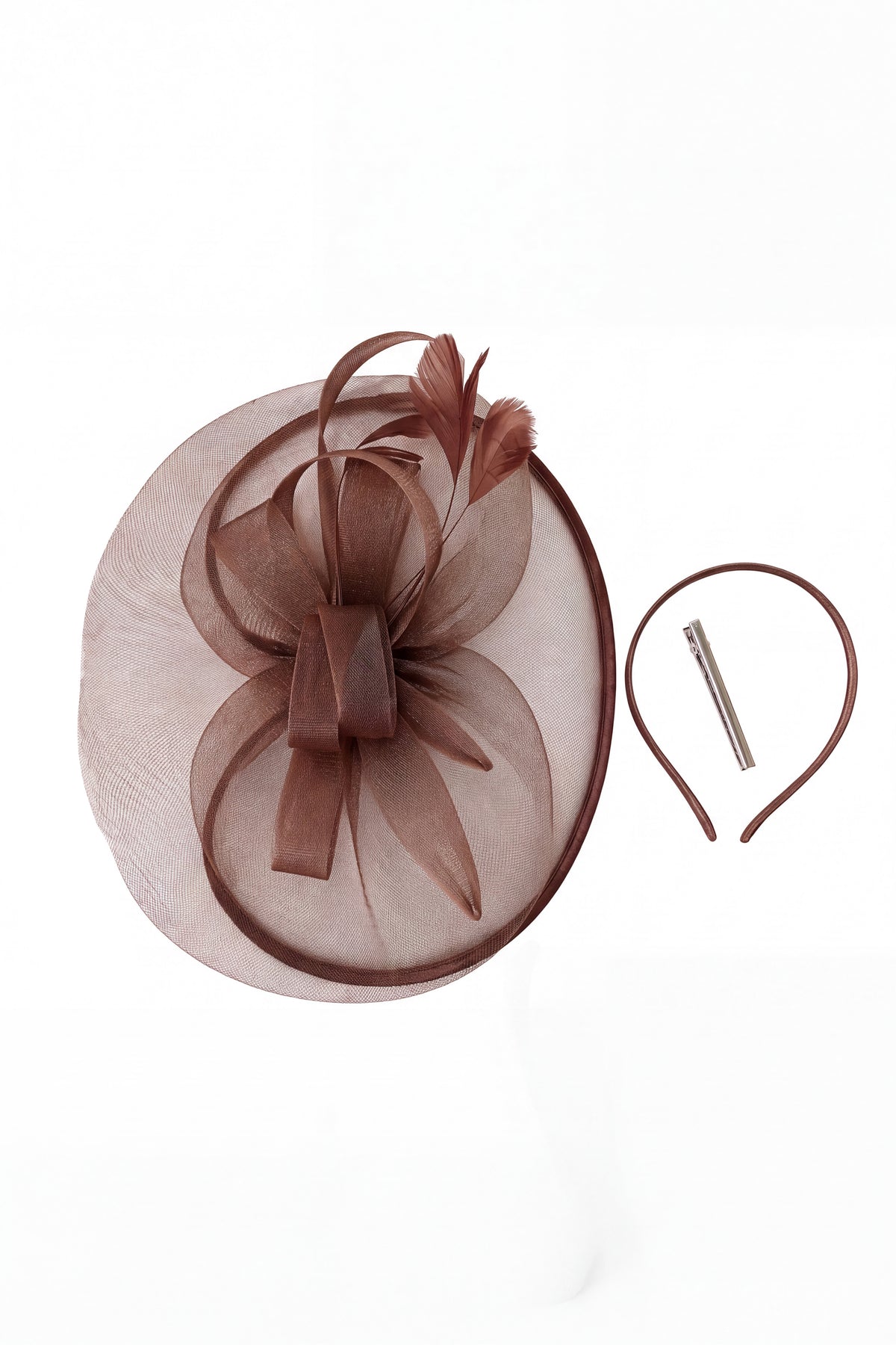 Women’s Mesh Disc Fascinator with Feather Trim, Loop Bow & Headband