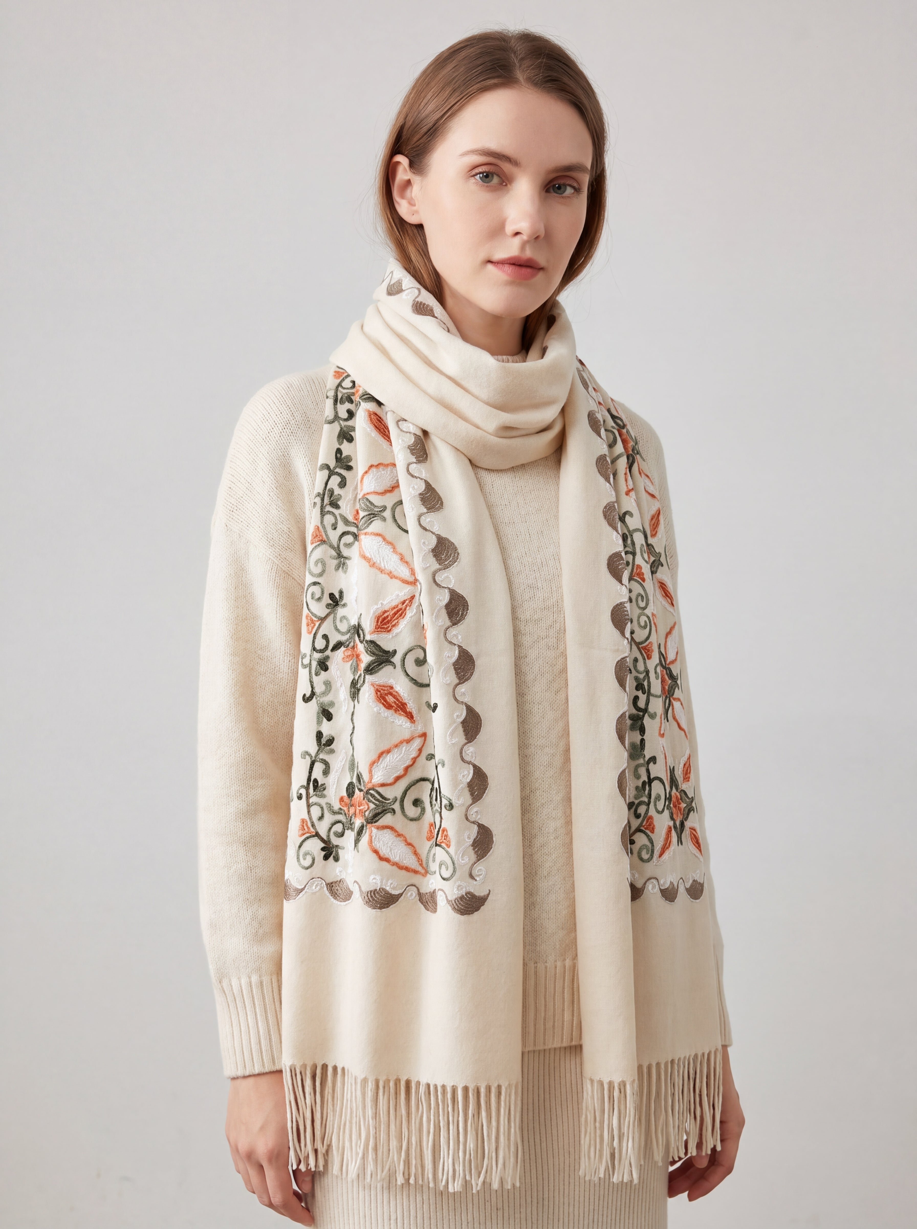Embroidered Viscose Wool Blend Scarf – VELLIN