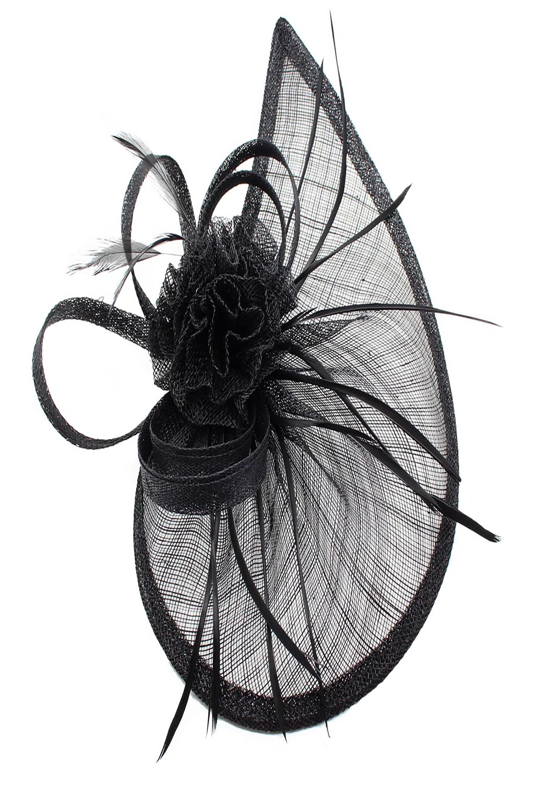 Gauze Teardrop Bass Fascinator with Flower and Curled Feathers