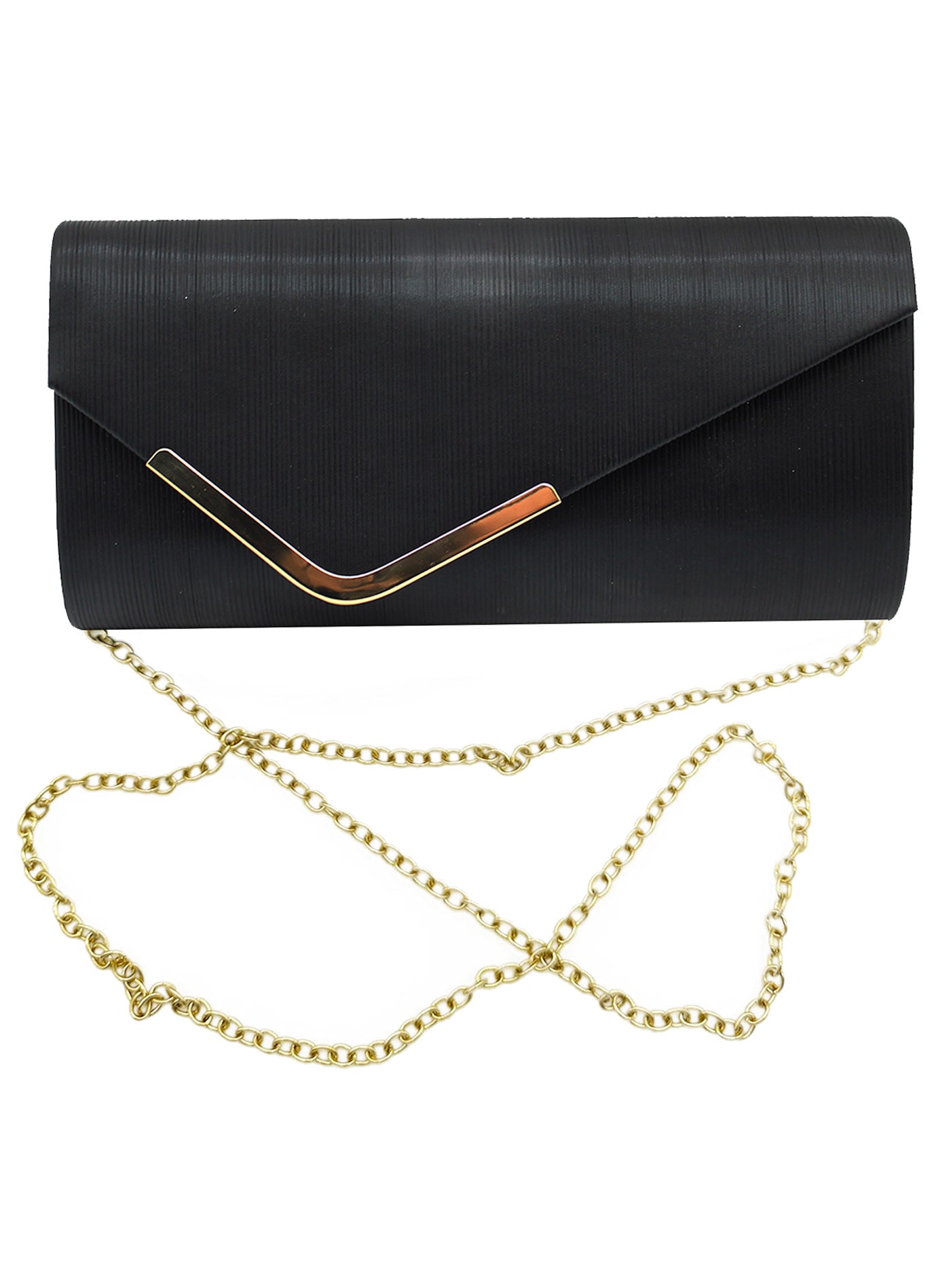 Textured Envelope Clutch Bag with Gold Chain and Loop Fascinator Occasion Black Set