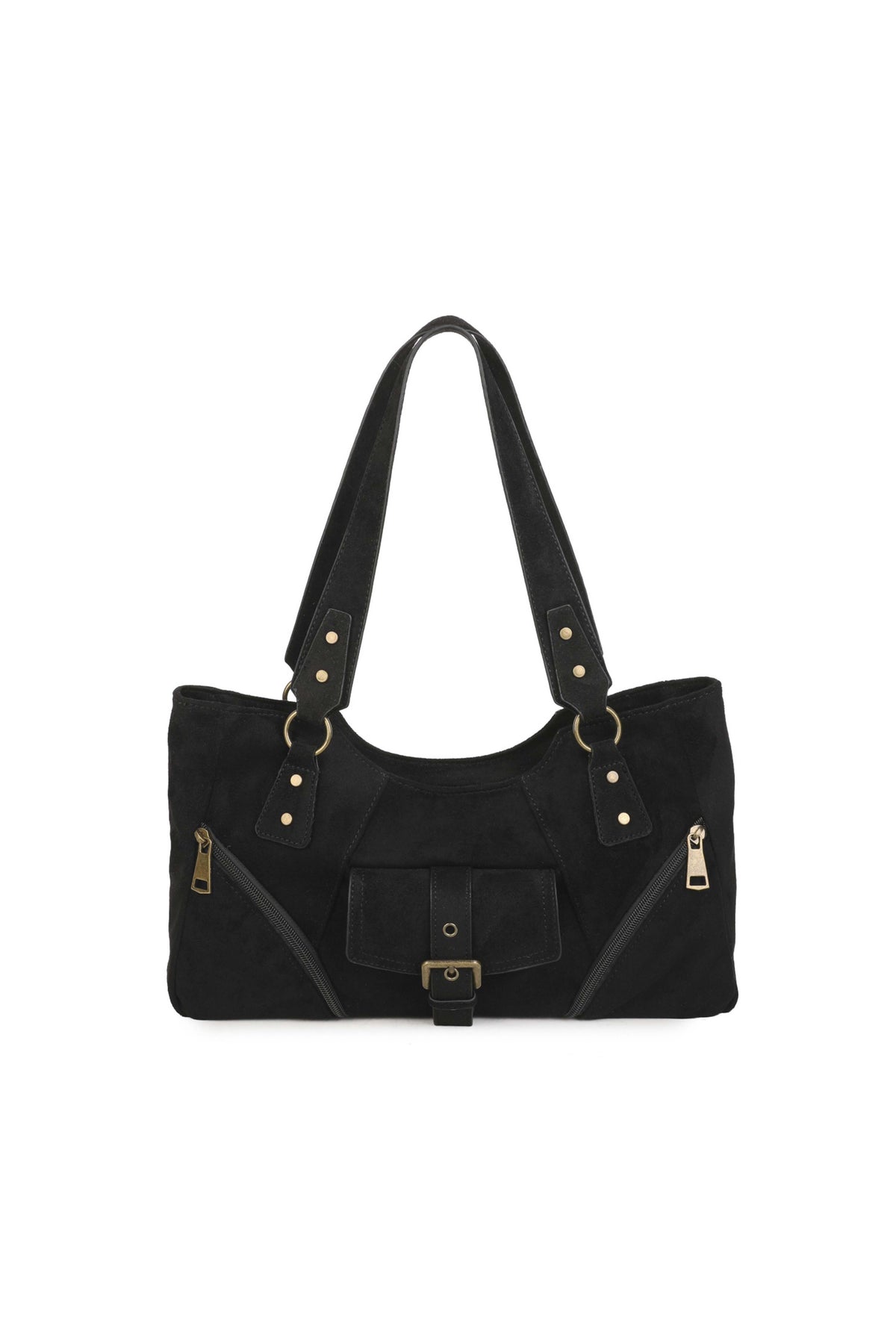 Women’s Suede-Look Shoulder Bag with Buckle Pocket Detail