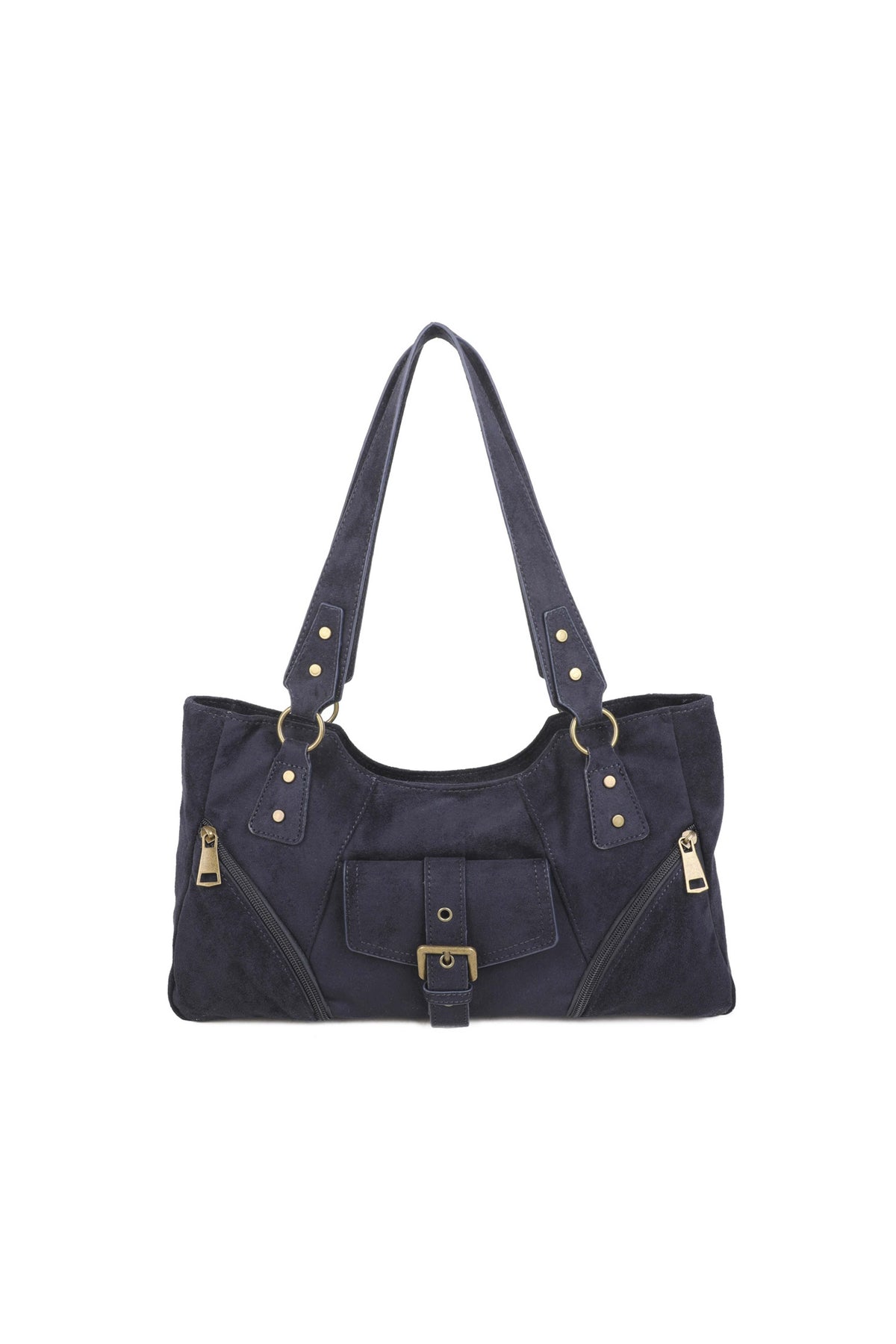 Women’s Suede-Look Shoulder Bag with Buckle Pocket Detail