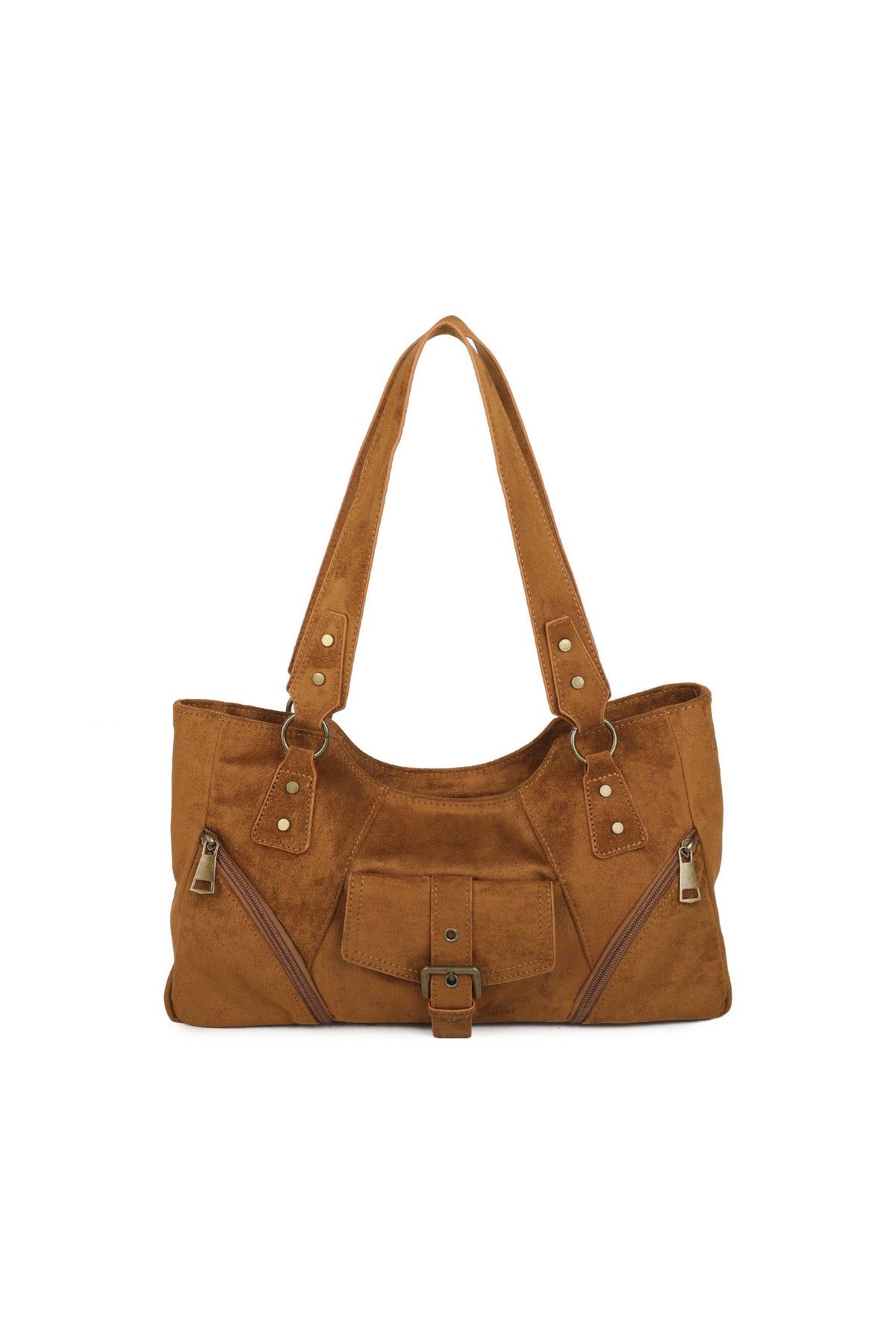 Women’s Suede-Look Shoulder Bag with Buckle Pocket Detail