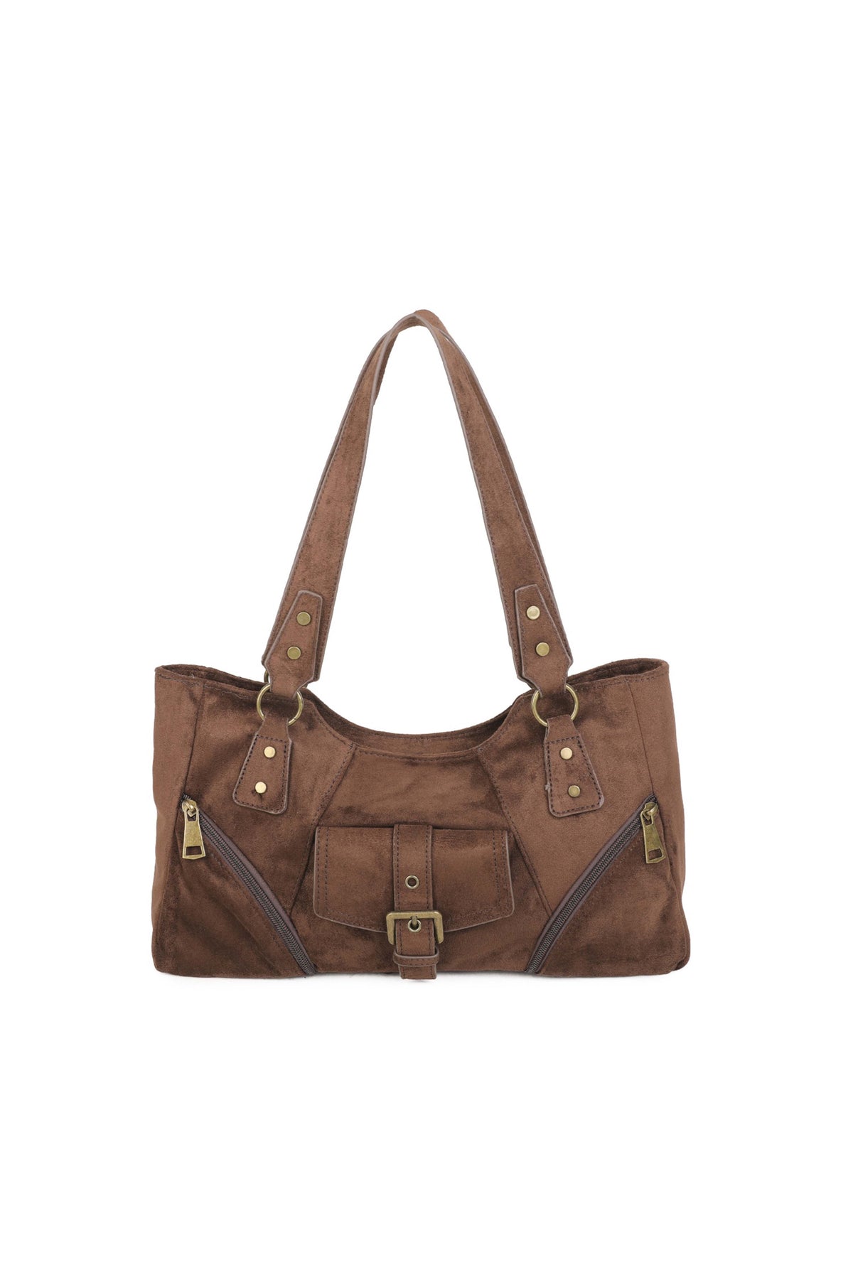 Women’s Suede-Look Shoulder Bag with Buckle Pocket Detail
