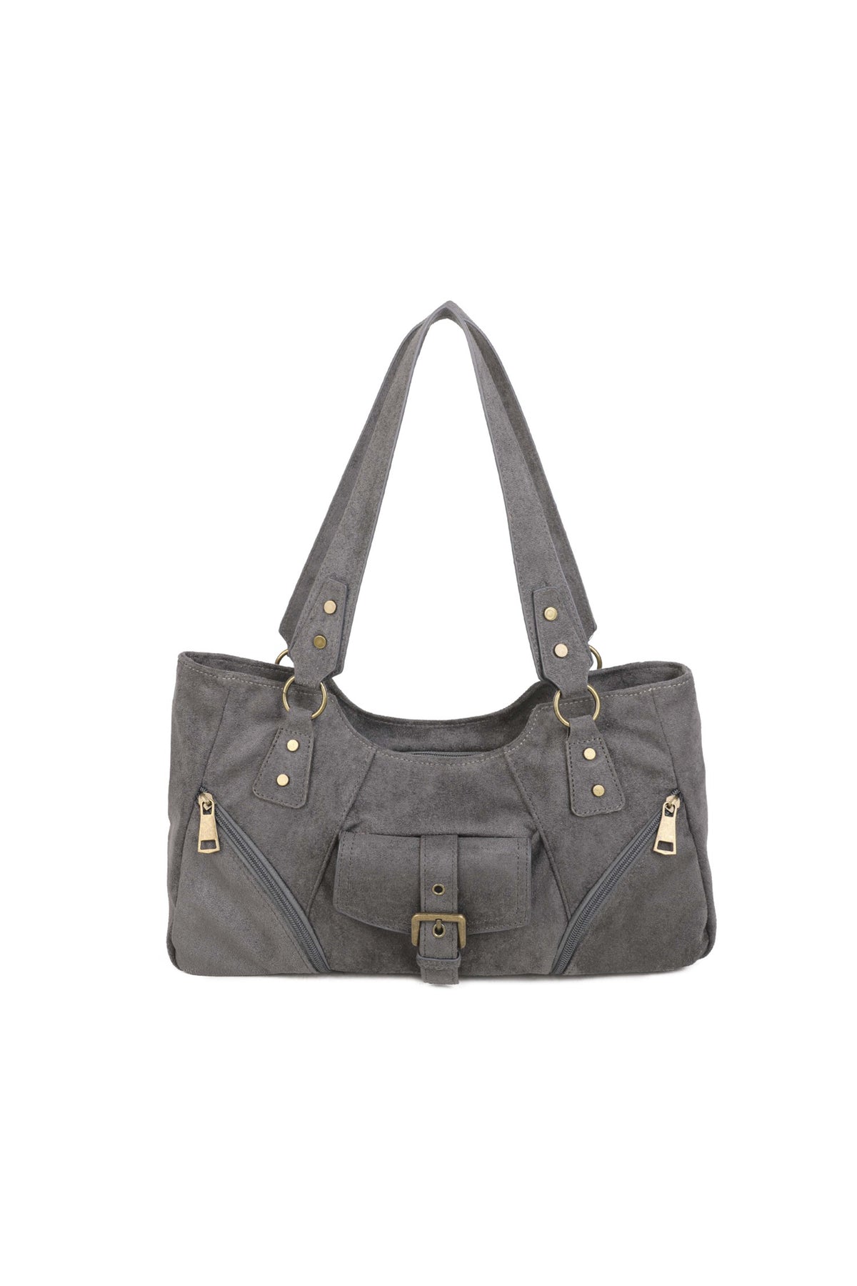Women’s Suede-Look Shoulder Bag with Buckle Pocket Detail