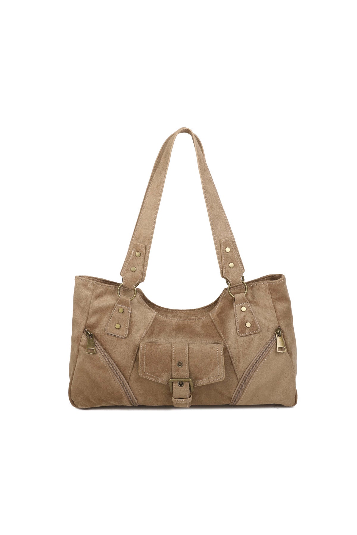 Women’s Suede-Look Shoulder Bag with Buckle Pocket Detail
